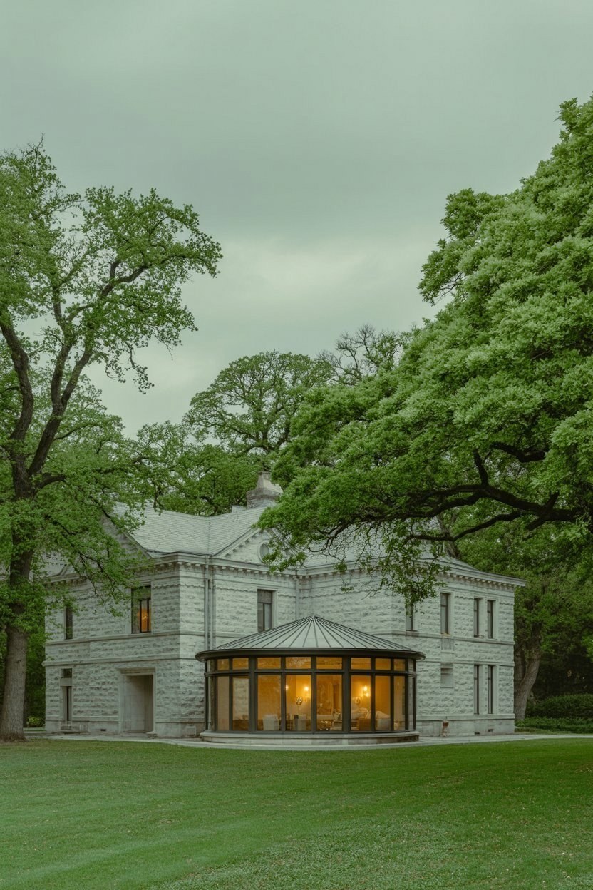 Elegant Stone House with Panoramic Round Sunroom: Luxury Home Yard Design