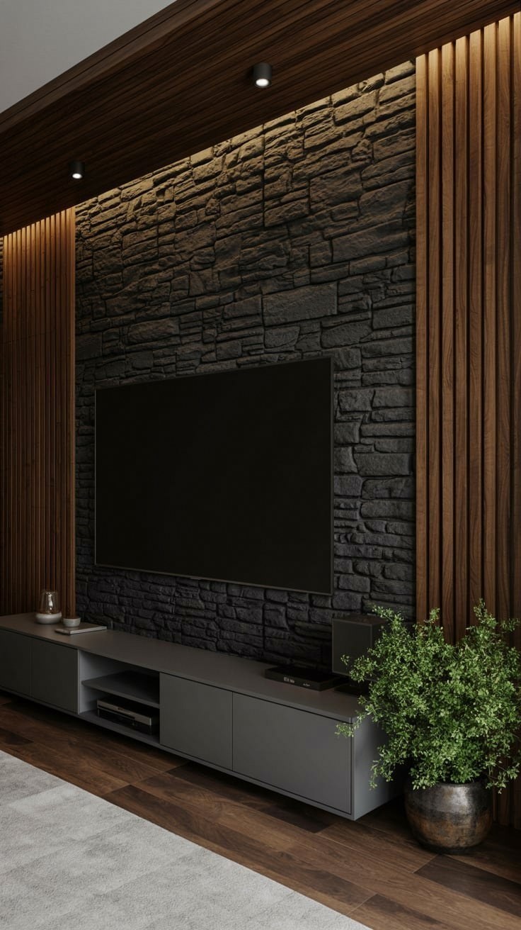 Modern Living Room TV Walls: Stone & Wood Panel Perfection