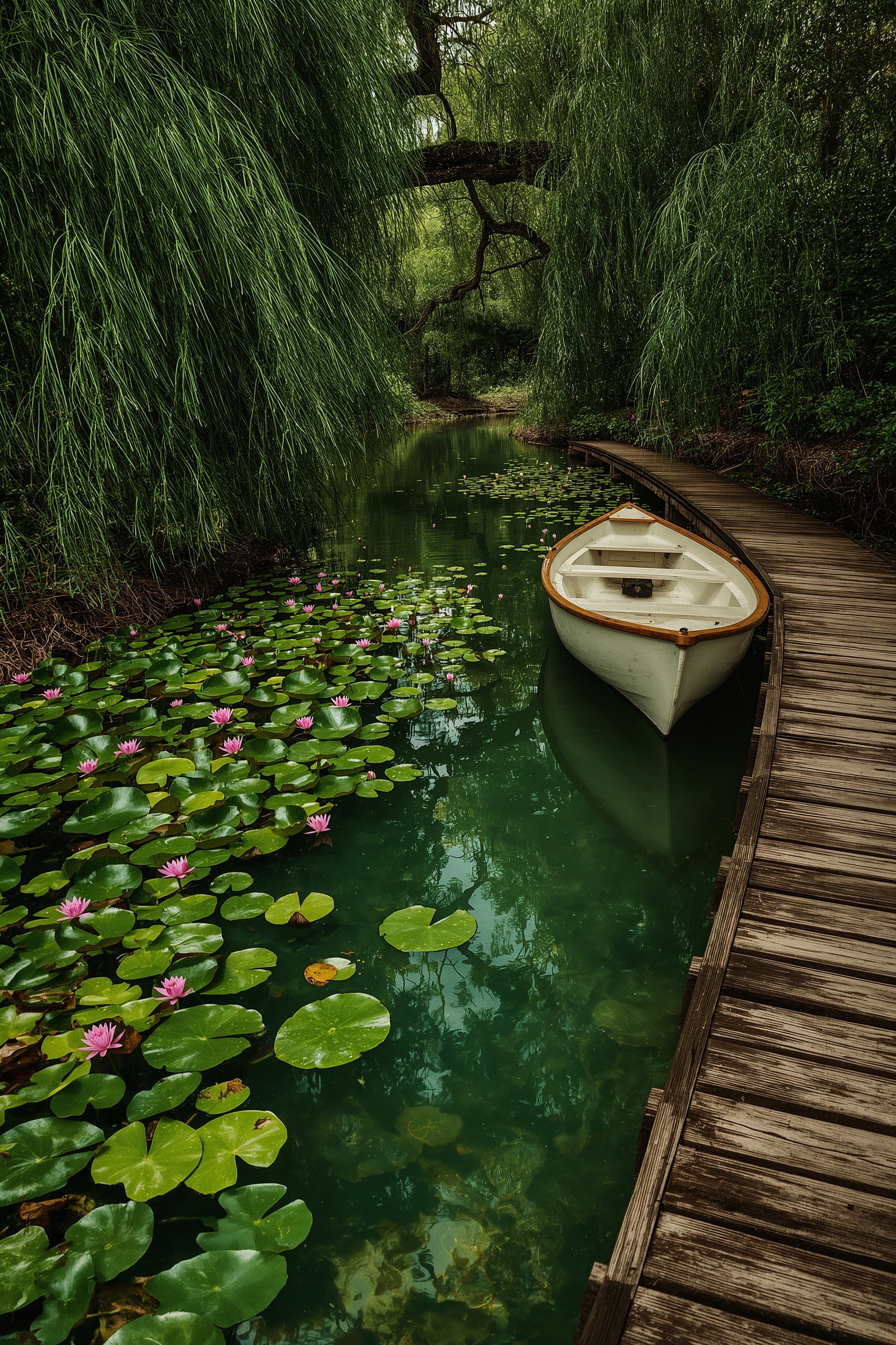Enchanted Forest Oasis: Serene Willow Tree Lake Scene