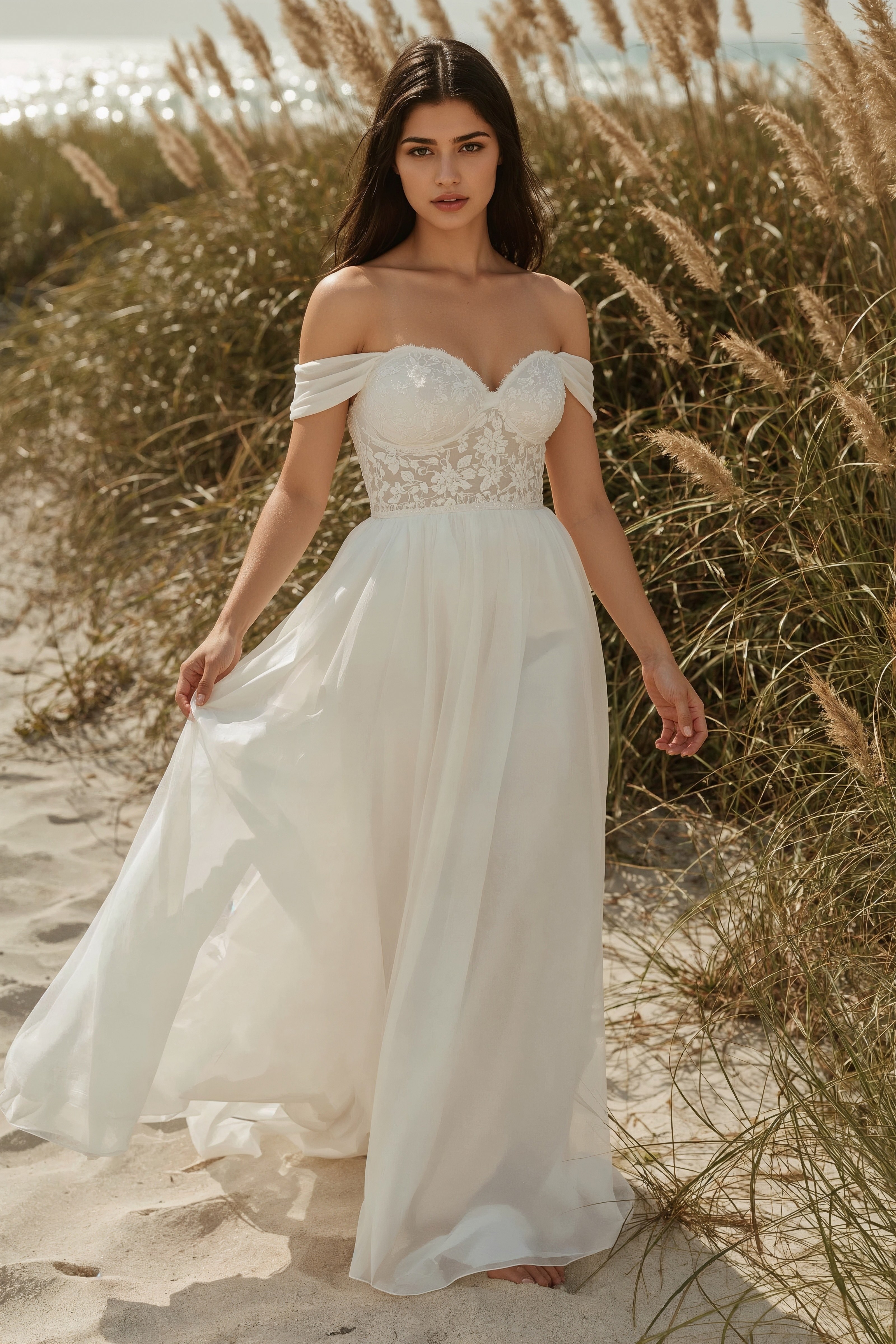 Dreamy Beach Wedding: Off-Shoulder A-Line Bliss