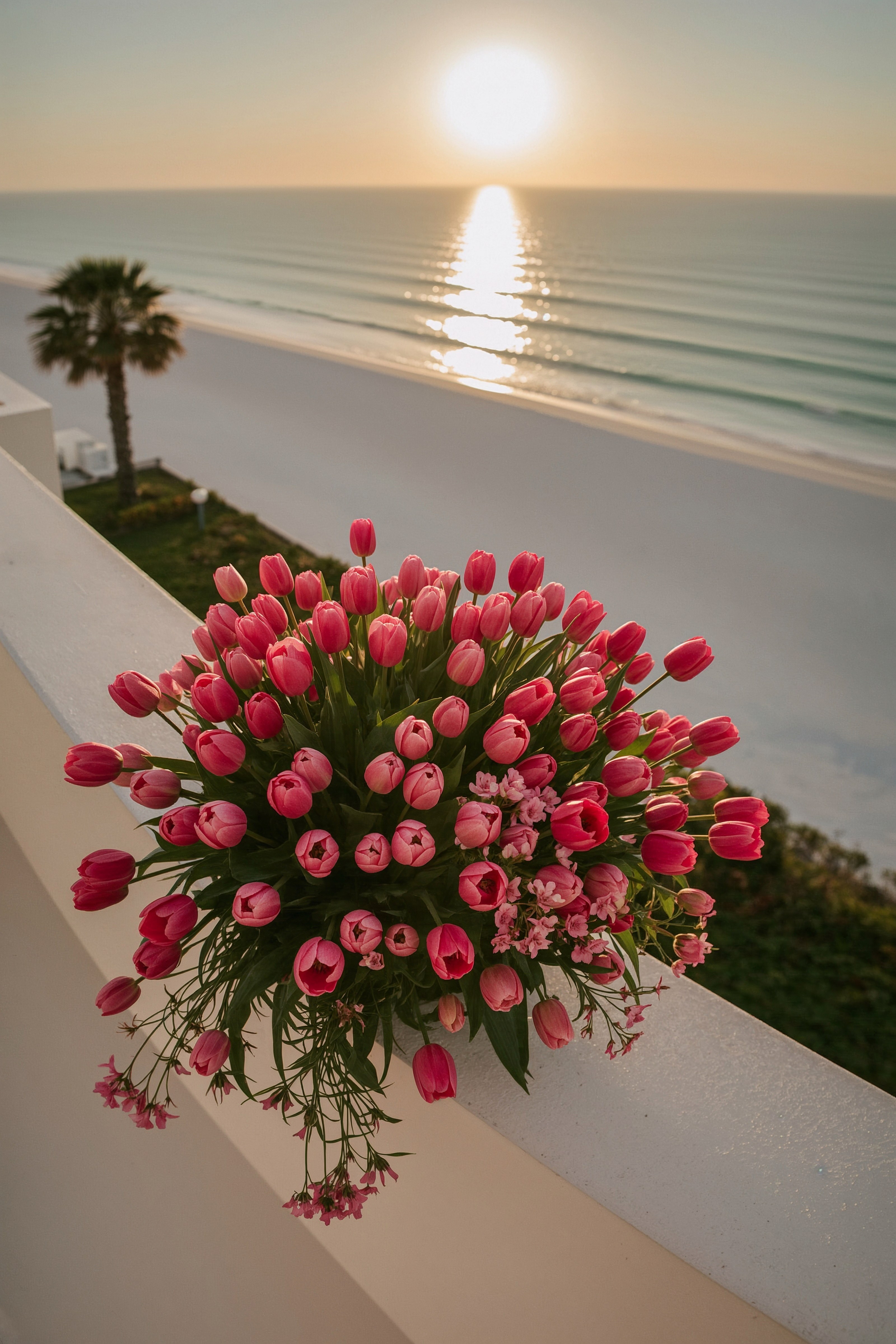 Dreamy Beach Sunset: Pink Tulips & Serene Ocean Views for iPhone