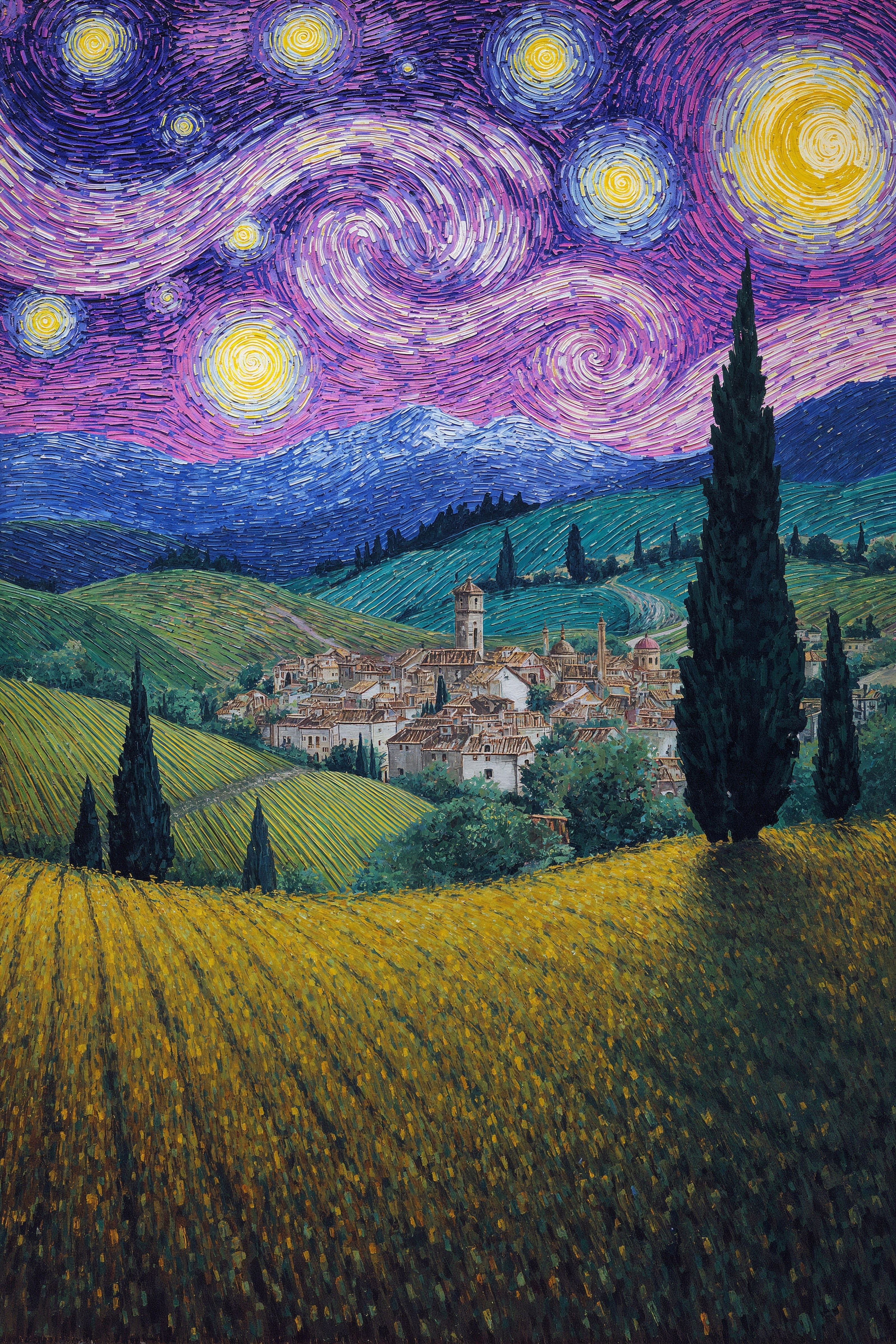 Dreamy Village Oil Painting: Aesthetic Phone Wallpapers