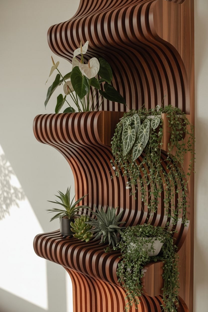 Modern Earthy Wood Slat Plant Wall: Aesthetic Clean Cozy Room Decor