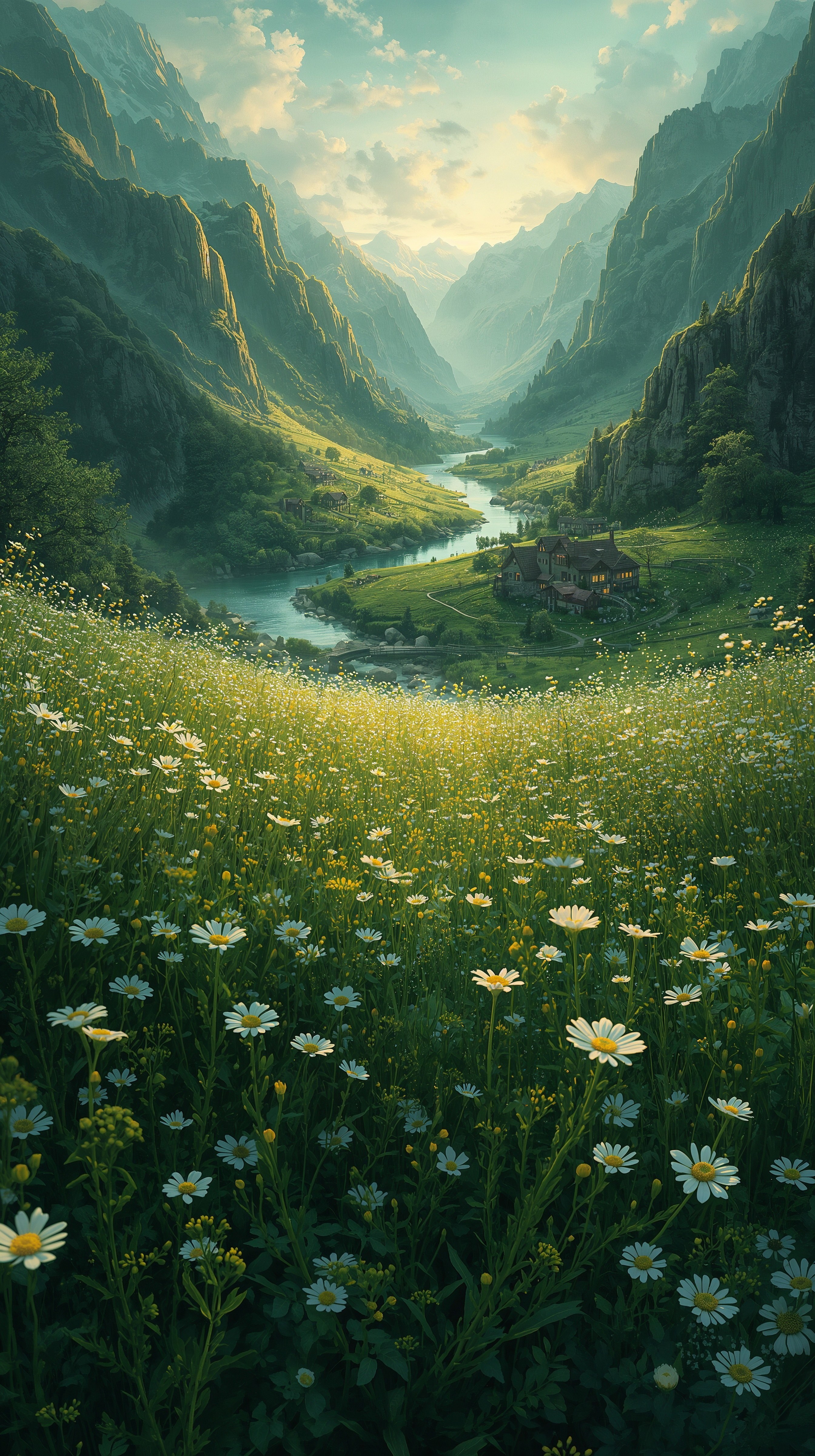 Enchanting Valley: Peaceful Nature Water Scenes & Mountain Art