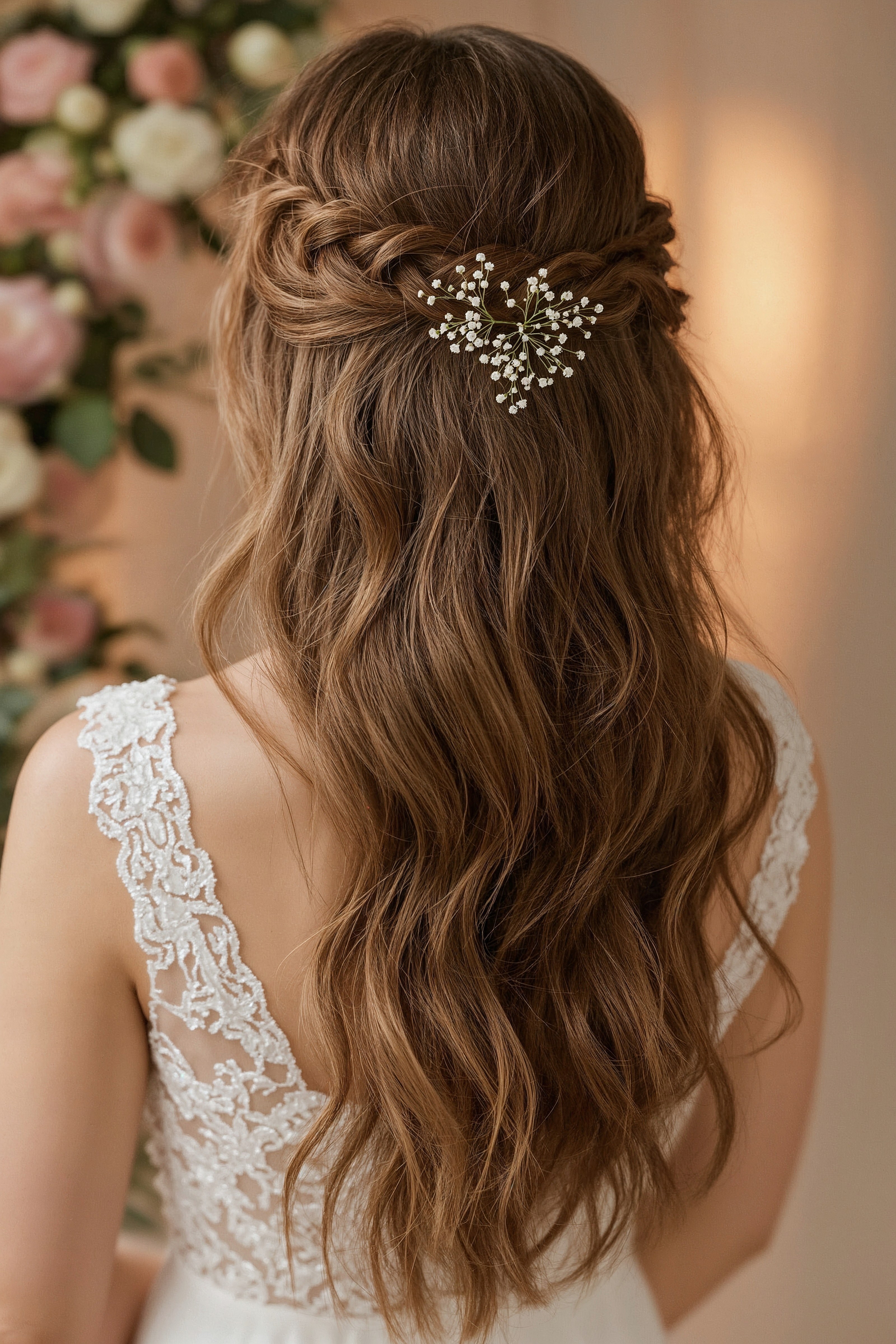 Enchanting Braided Bridal Half Up Half Down Wedding Hair with Floral Pins