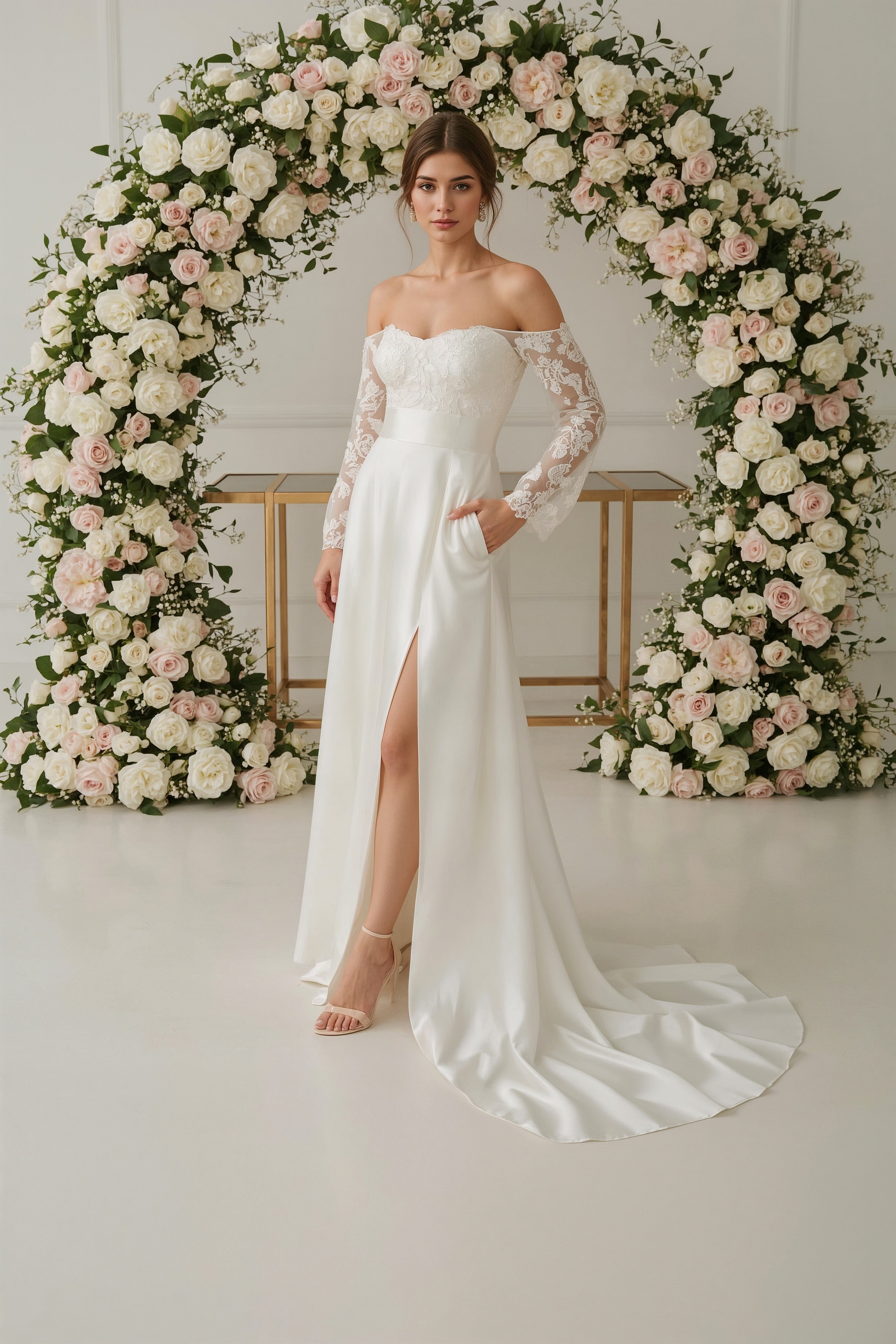 Elegant Off-Shoulder A-Line Wedding Dress with Delicate Lace Sleeves