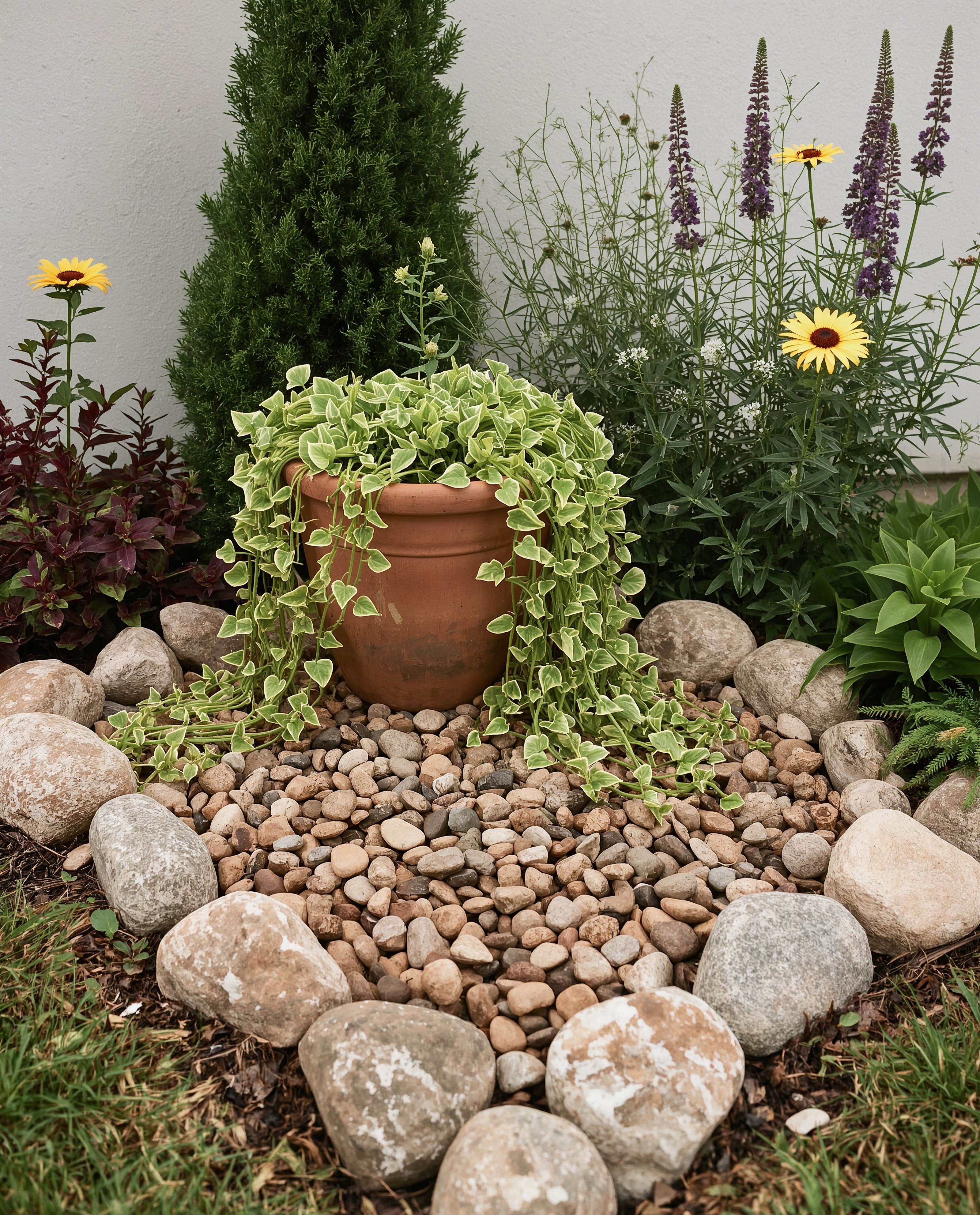 Serene Backyard Rock Landscaping with Spilling Pots