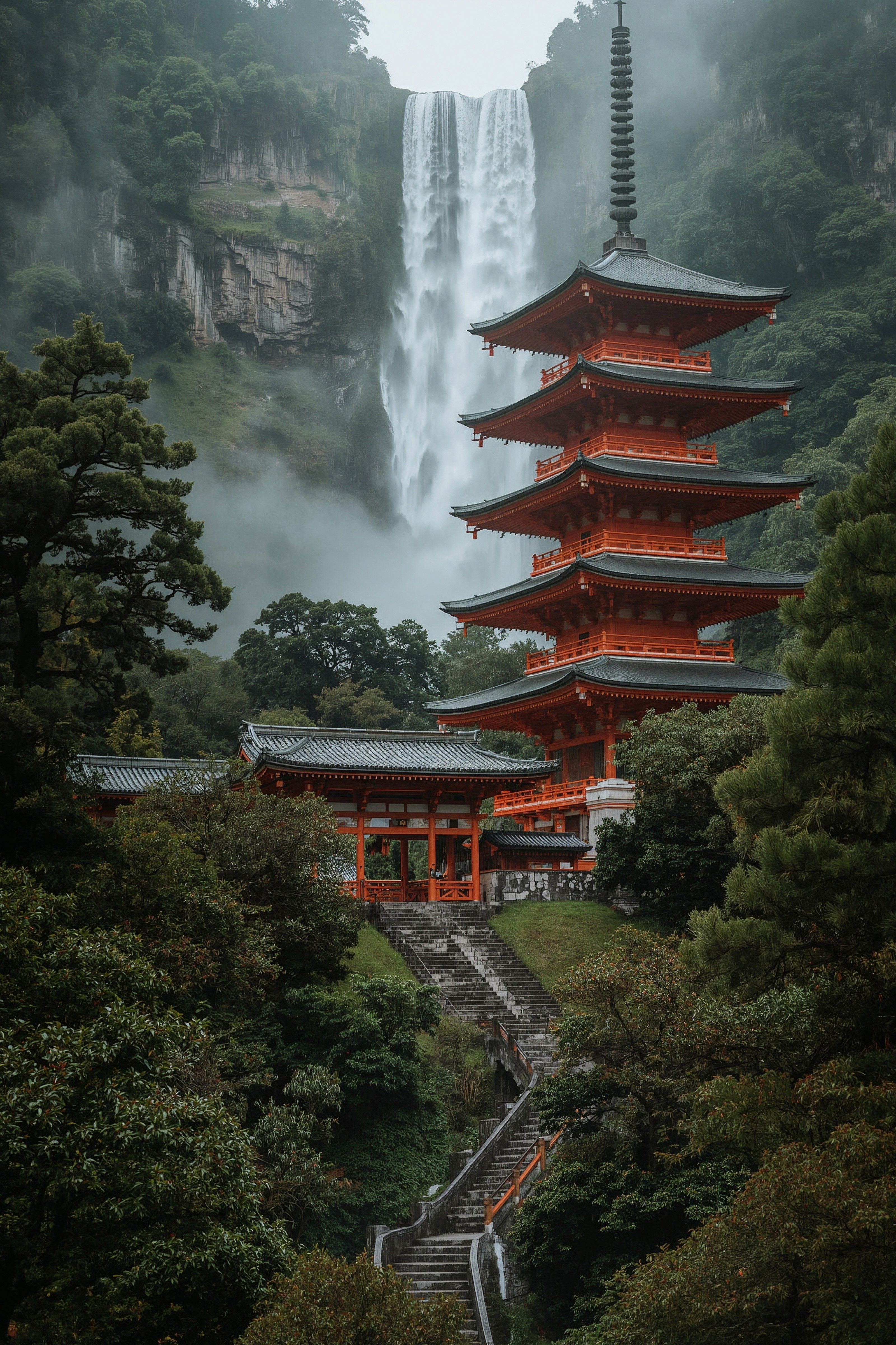 Tranquil Japanese Temple & Waterfall: Serene Nature Aesthetic Escape