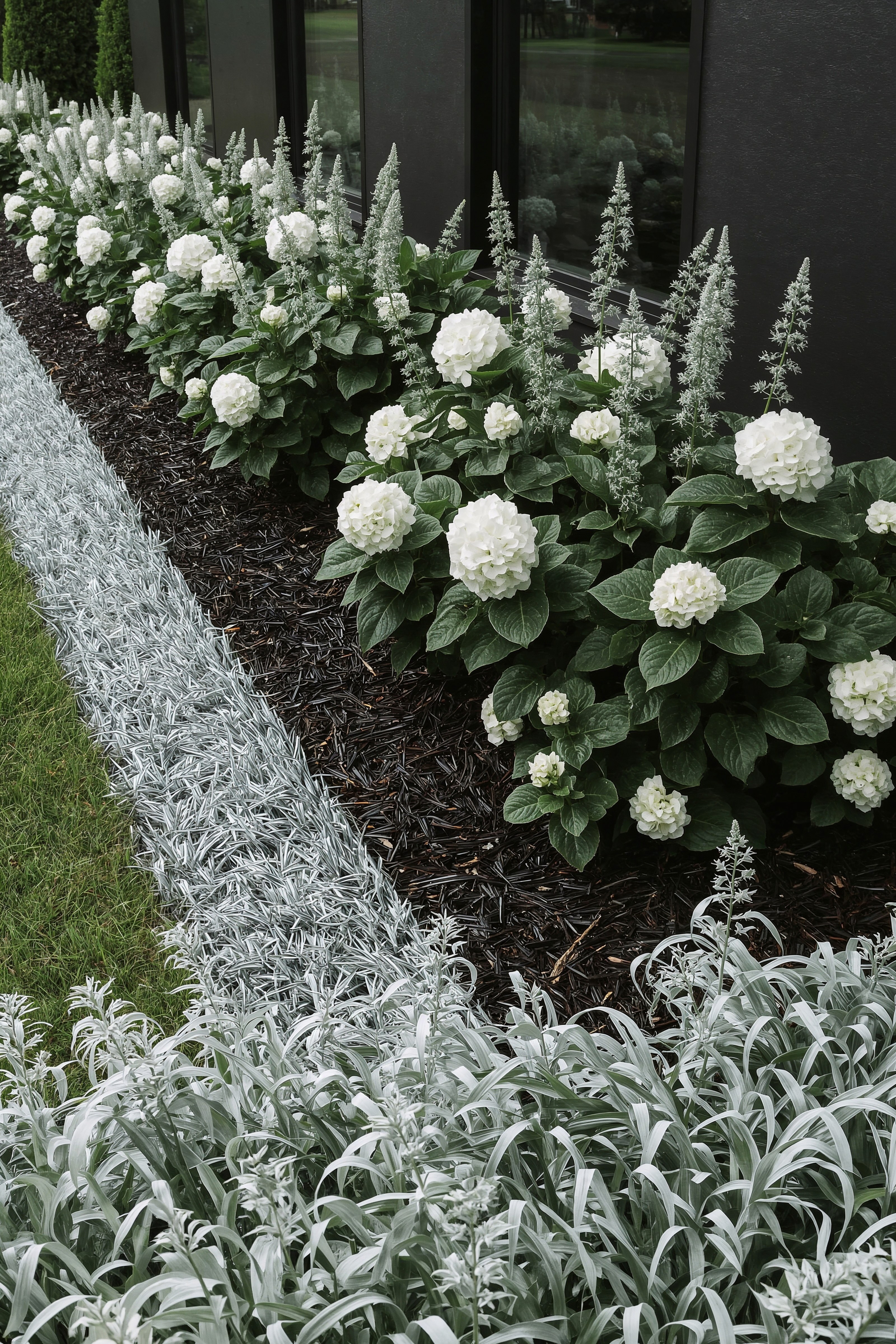 Silver & White Modern Front Yard Garden Design