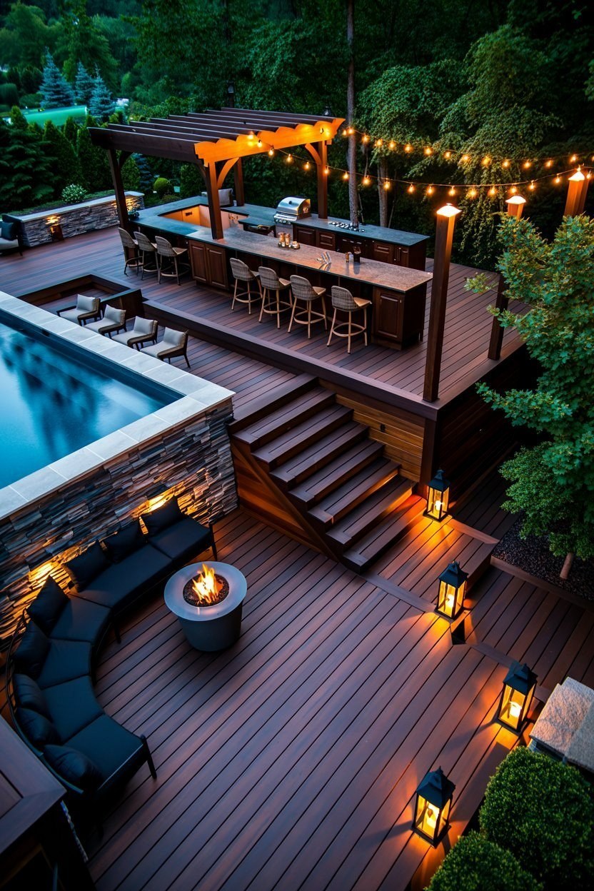 Dreamy Above Ground Pool Deck: Modern Oasis with Rock Garden & Fire Pit
