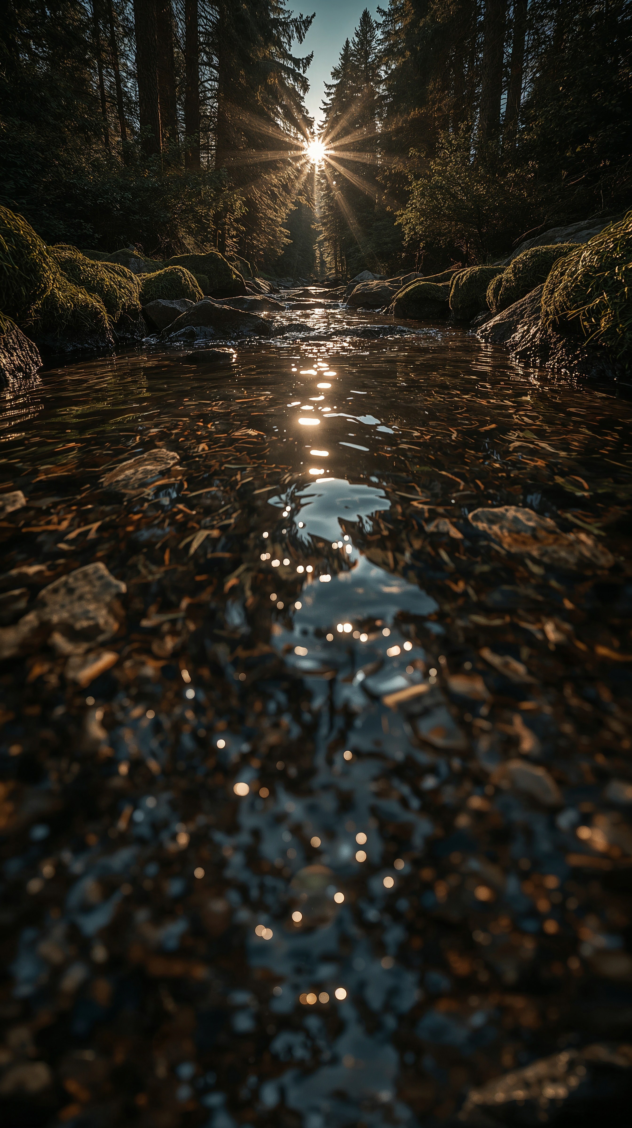 Golden Hour Forest Stream: Serene iPhone Wallpaper