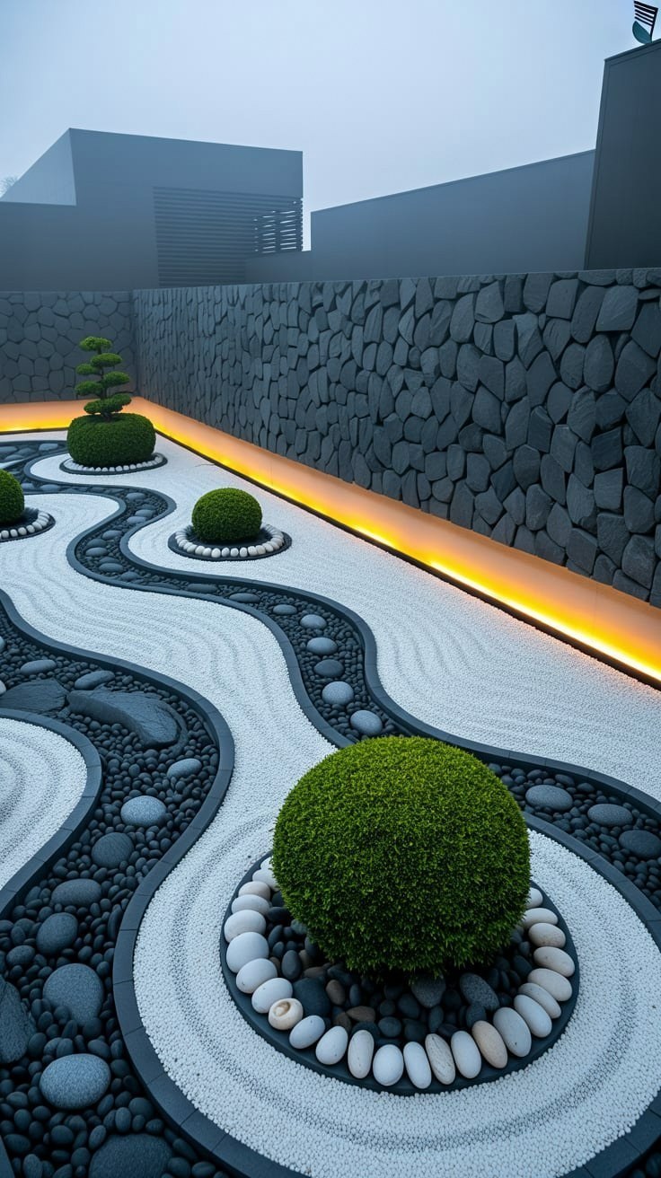 Modern Zen Garden Oasis: White Pebble Landscaping with LED Glow