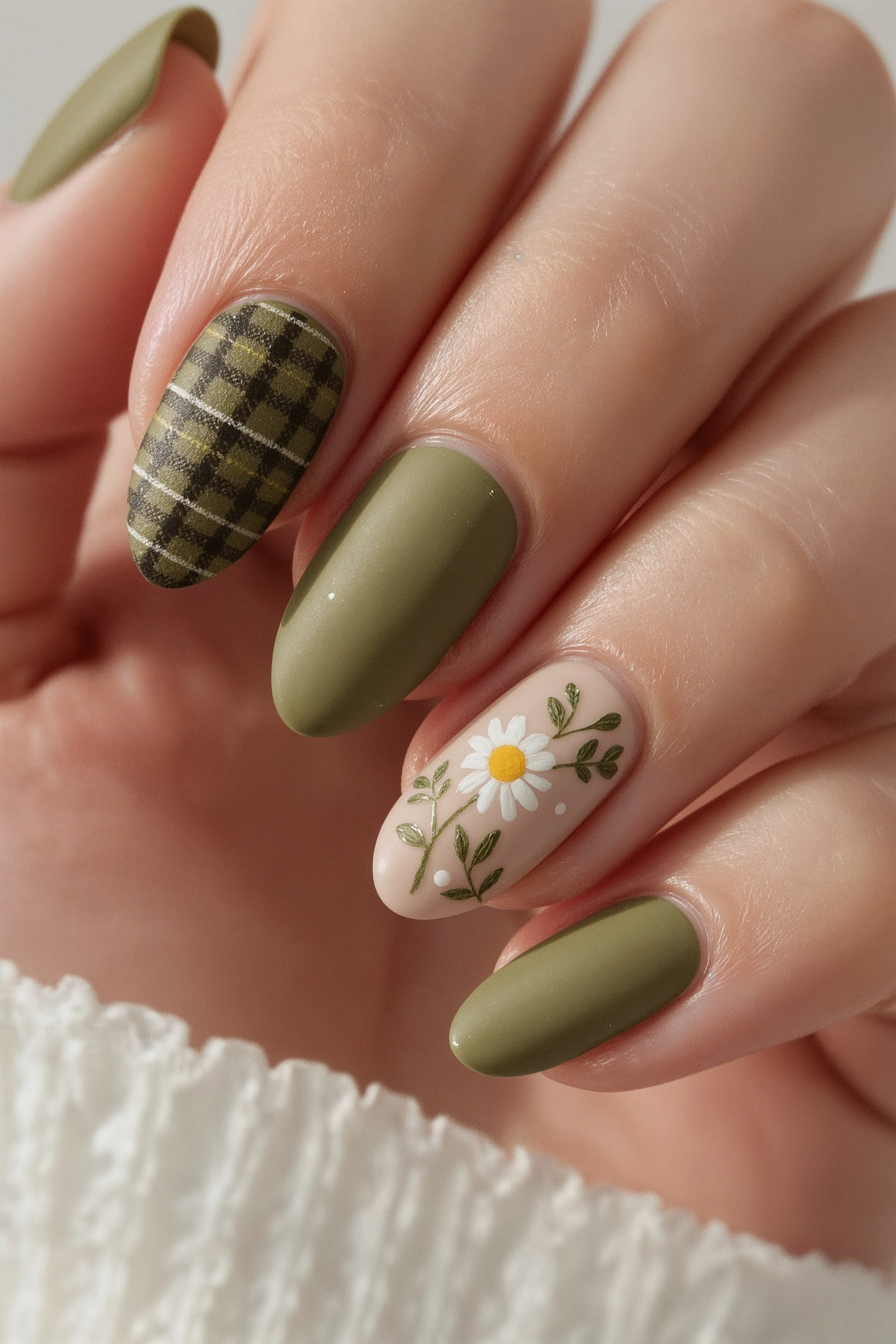 Chic Green Plaid & Daisy Spring Nail Art Designs
