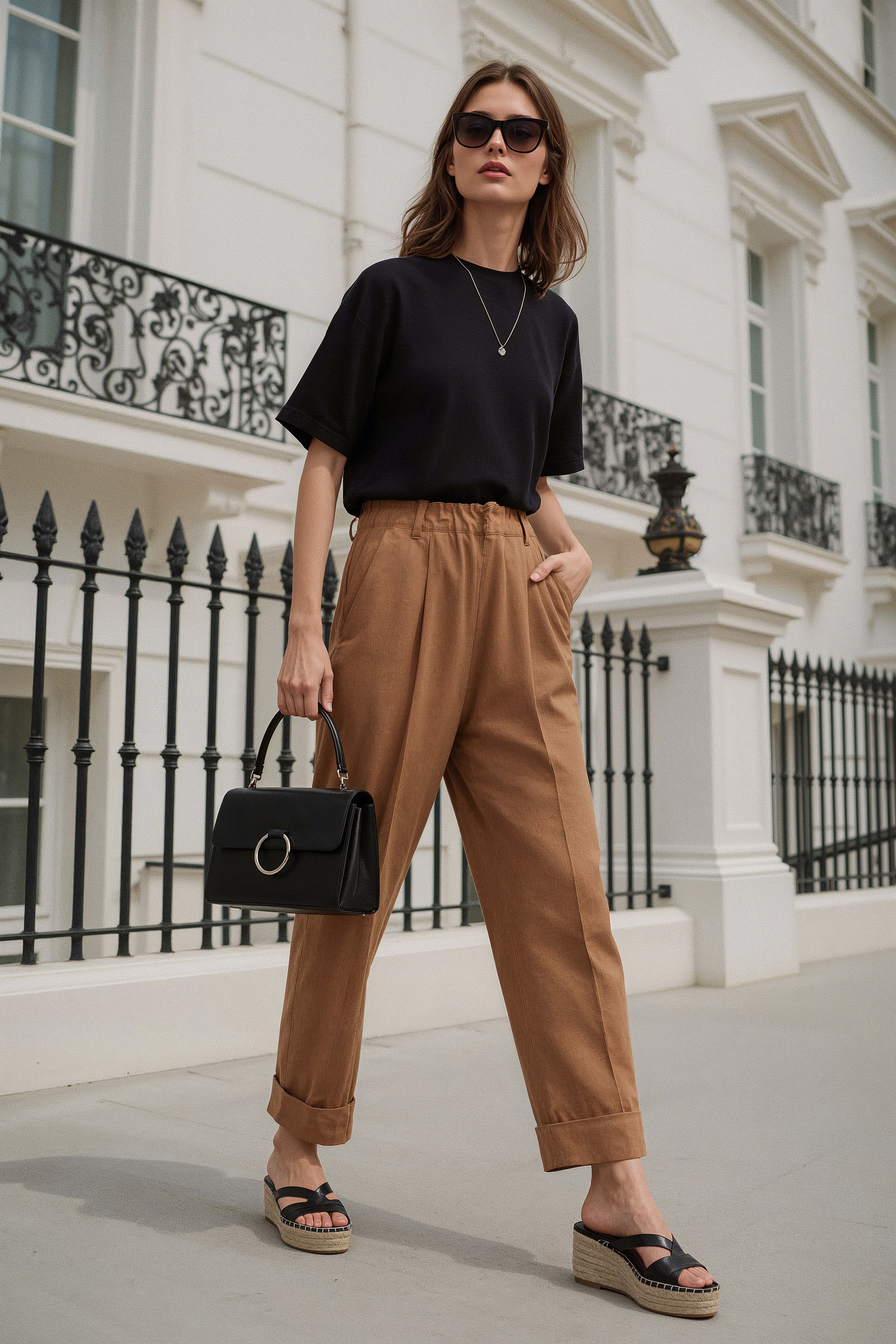 Chic Summer City Style: Effortless Tan Trousers for Women