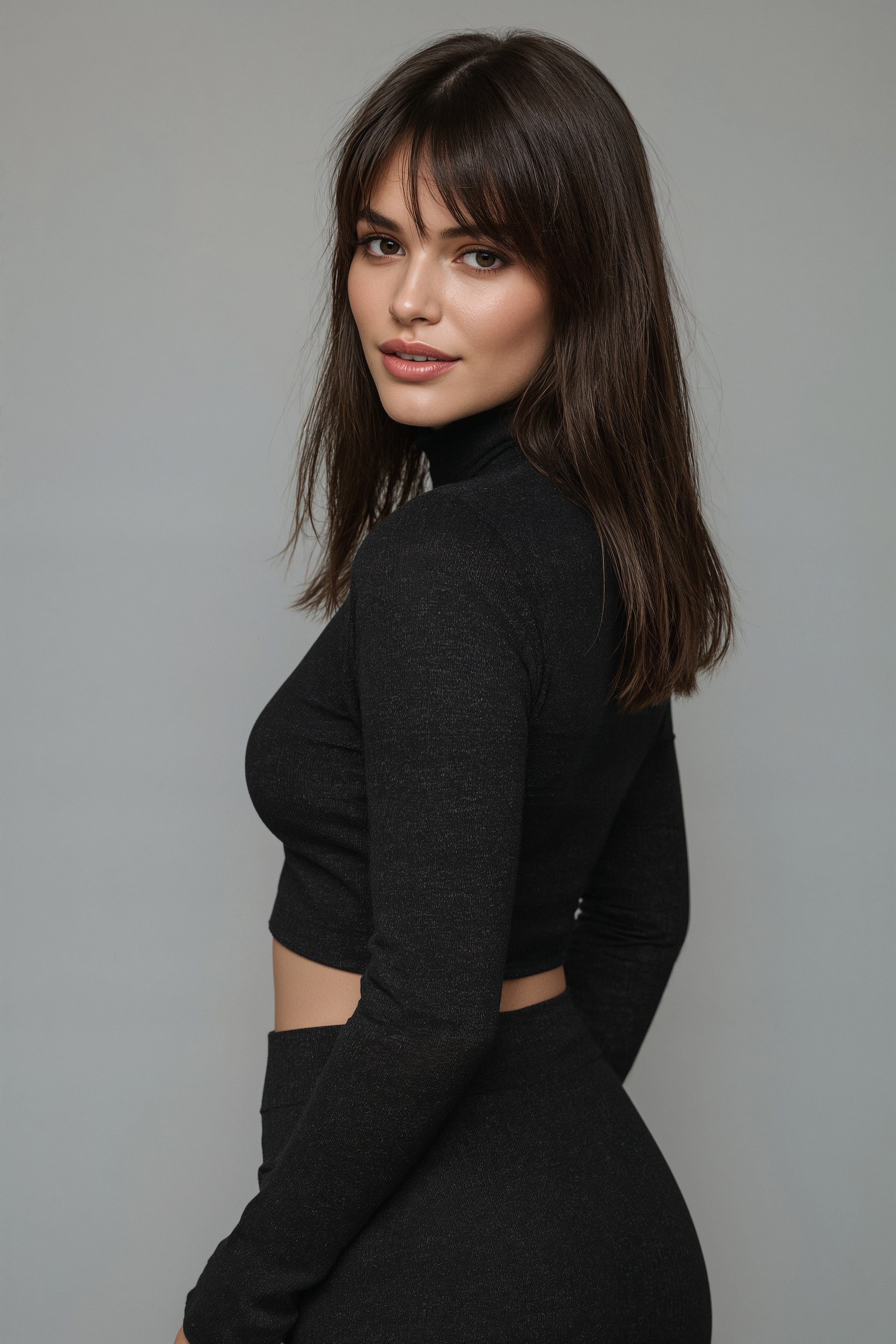 Chic Brunette Medium Length Haircuts with Modern Curtain Bangs
