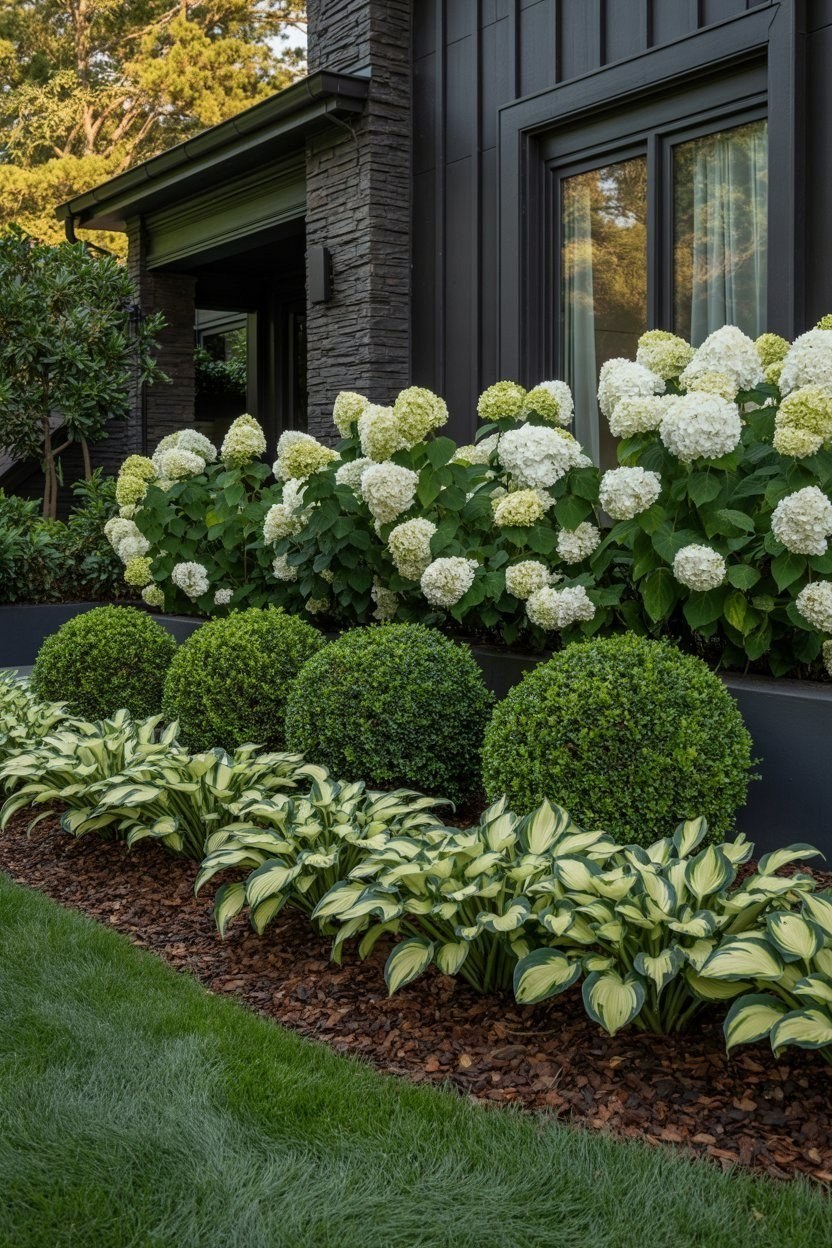 Elegant Hydrangea & Boxwood Front Yard Landscaping