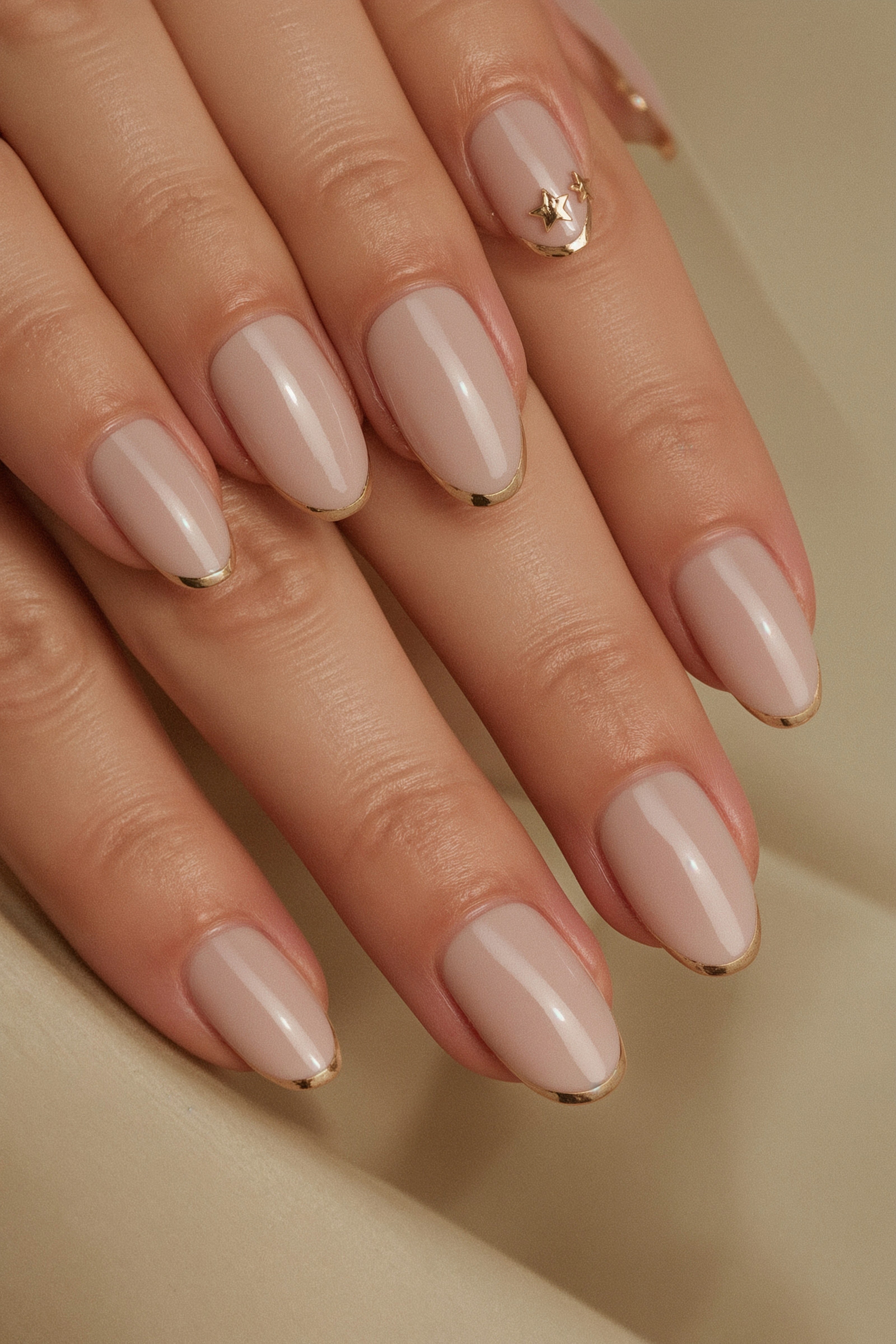 Elegant Gold French Tip Almond Nails: Chic & Girly Acrylic Perfection