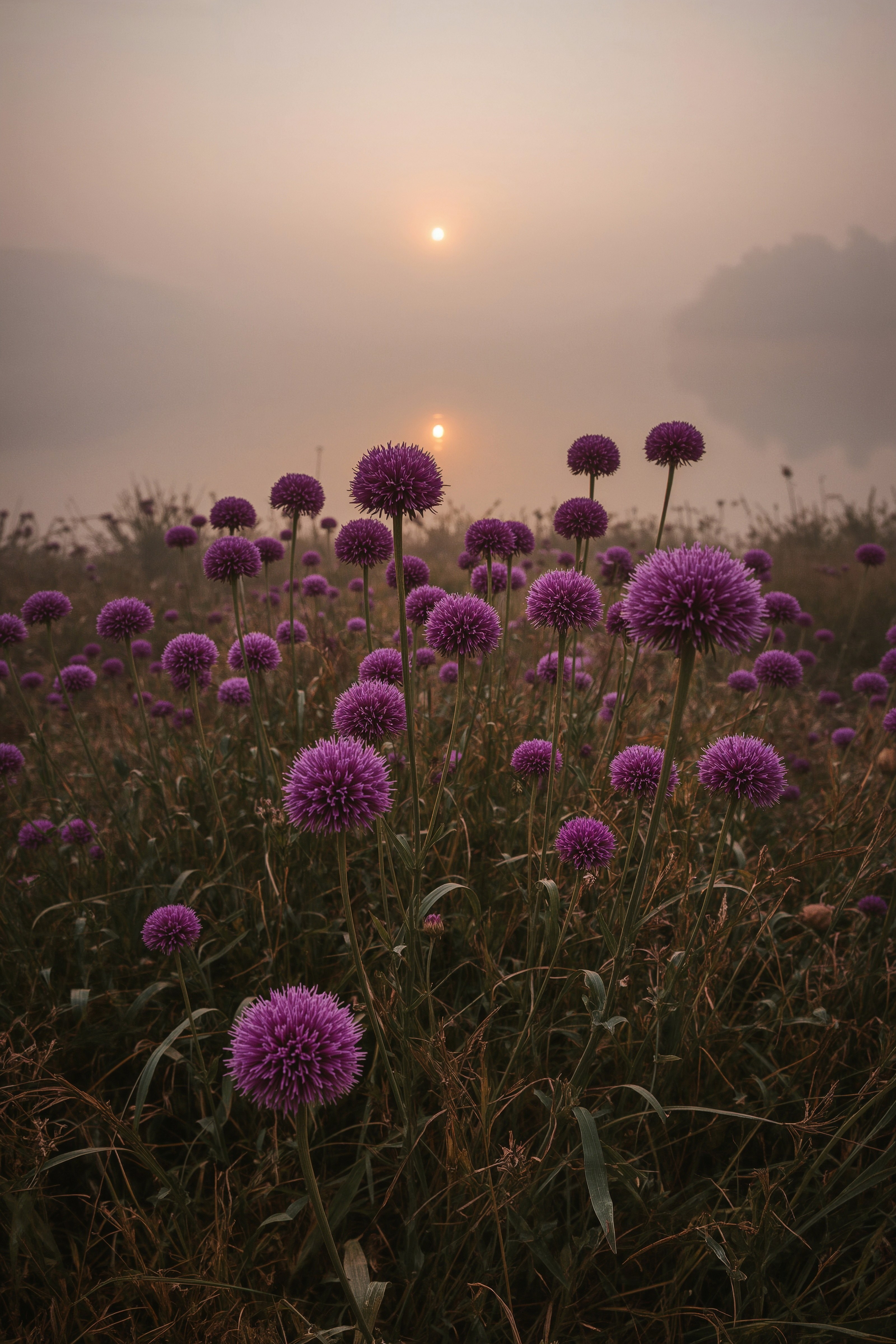 Misty Morning Magic: Purple Wildflowers by a Sunlit Lake