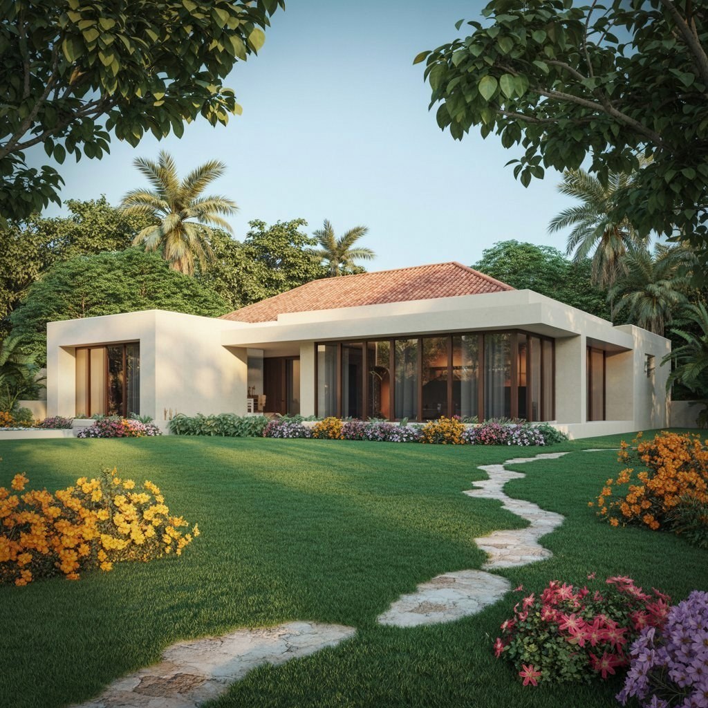 Tropical Bungalow Bliss: Stunning House Design Exterior with Lush Gardens