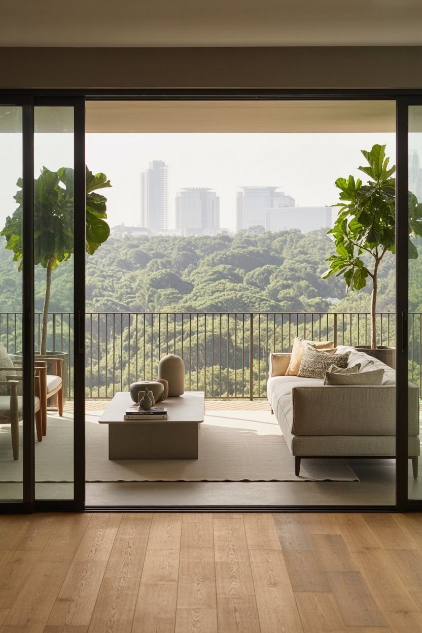 Elegant Modern Living Room & Balcony: Seamless Indoor-Outdoor Design