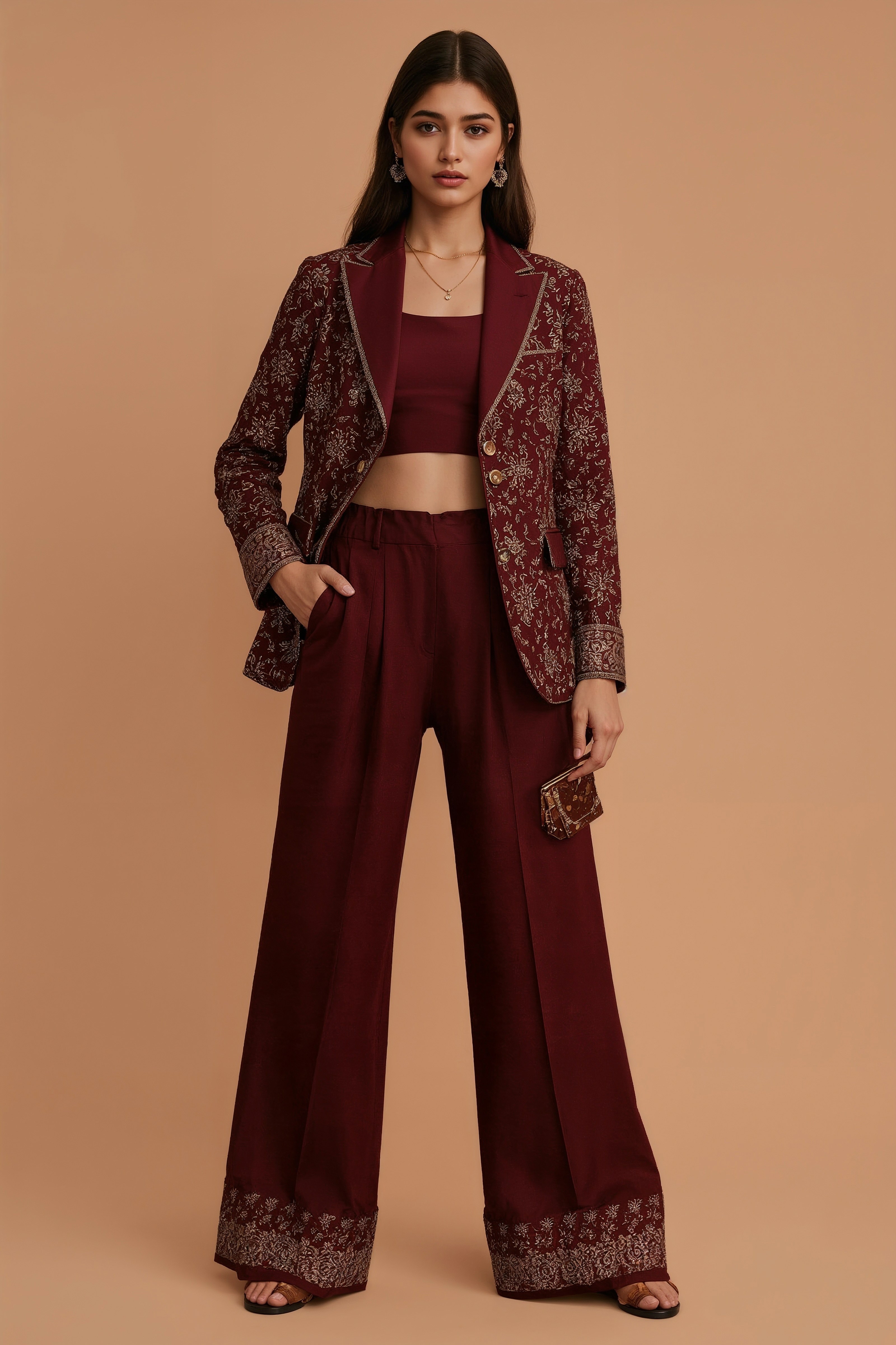 Burgundy Indo-Western Palazzo Set: Festive & Wedding Ready