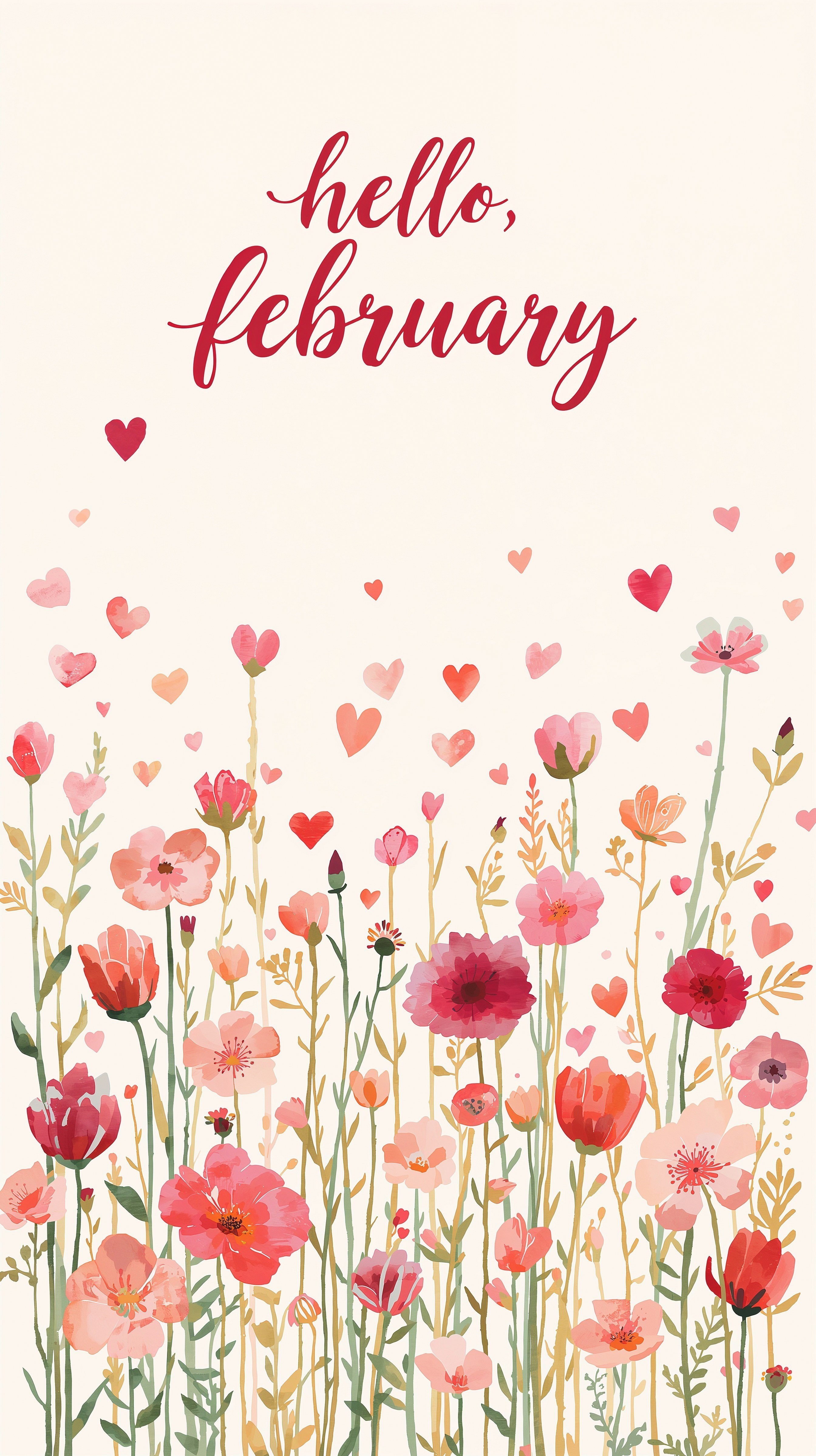 Hello February: Charming Watercolor Floral & Heart Phone Wallpaper