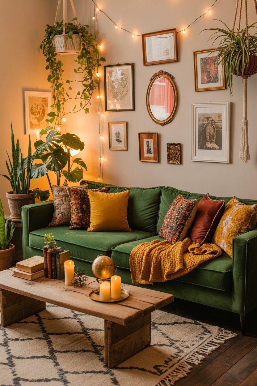 Bohemian Living Room: Earthy Greens & Eclectic Charm for Cozy Vibes