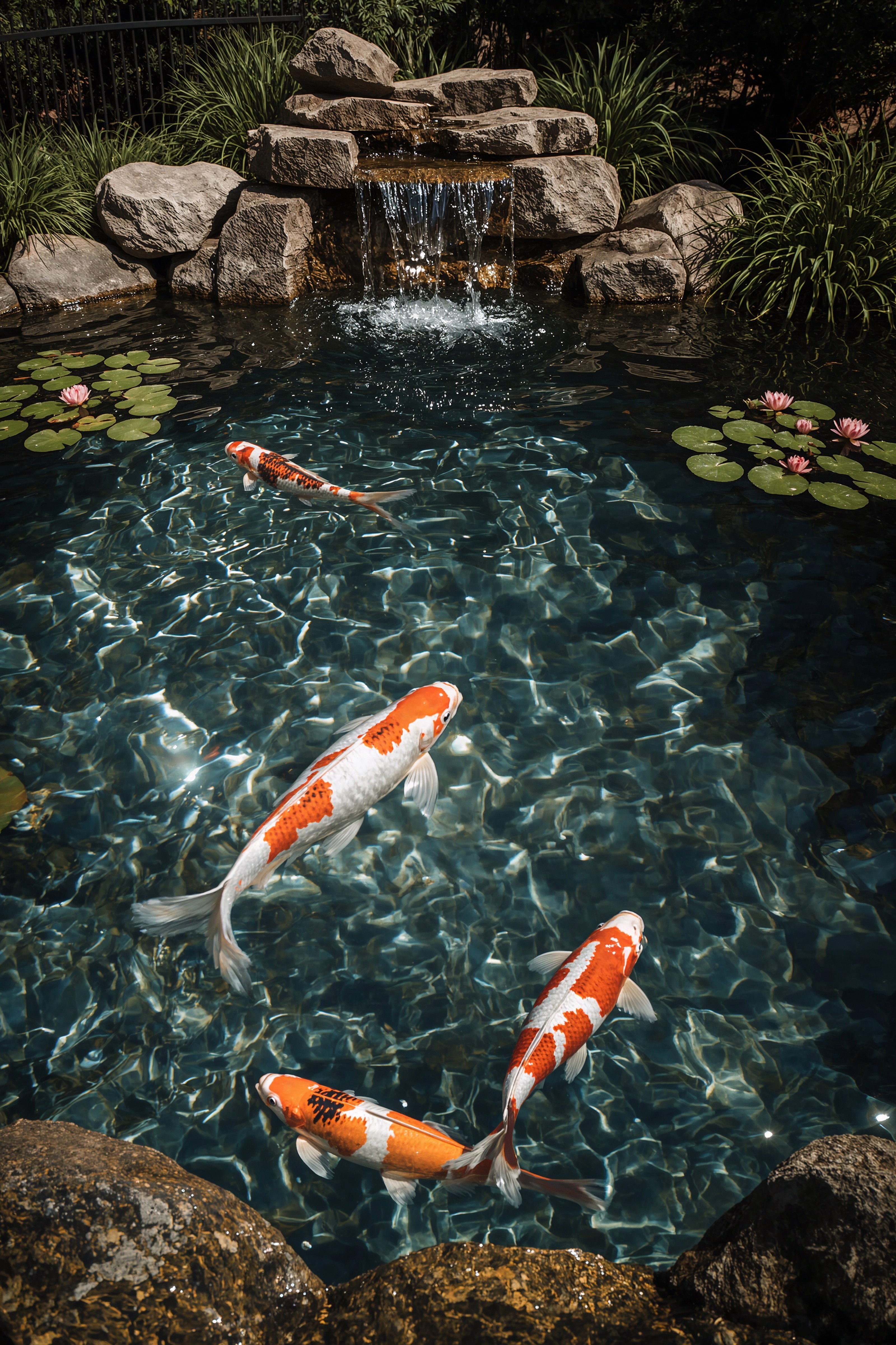 Tranquil Backyard Oasis: Small Garden Koi Ponds with Serene Waterfalls