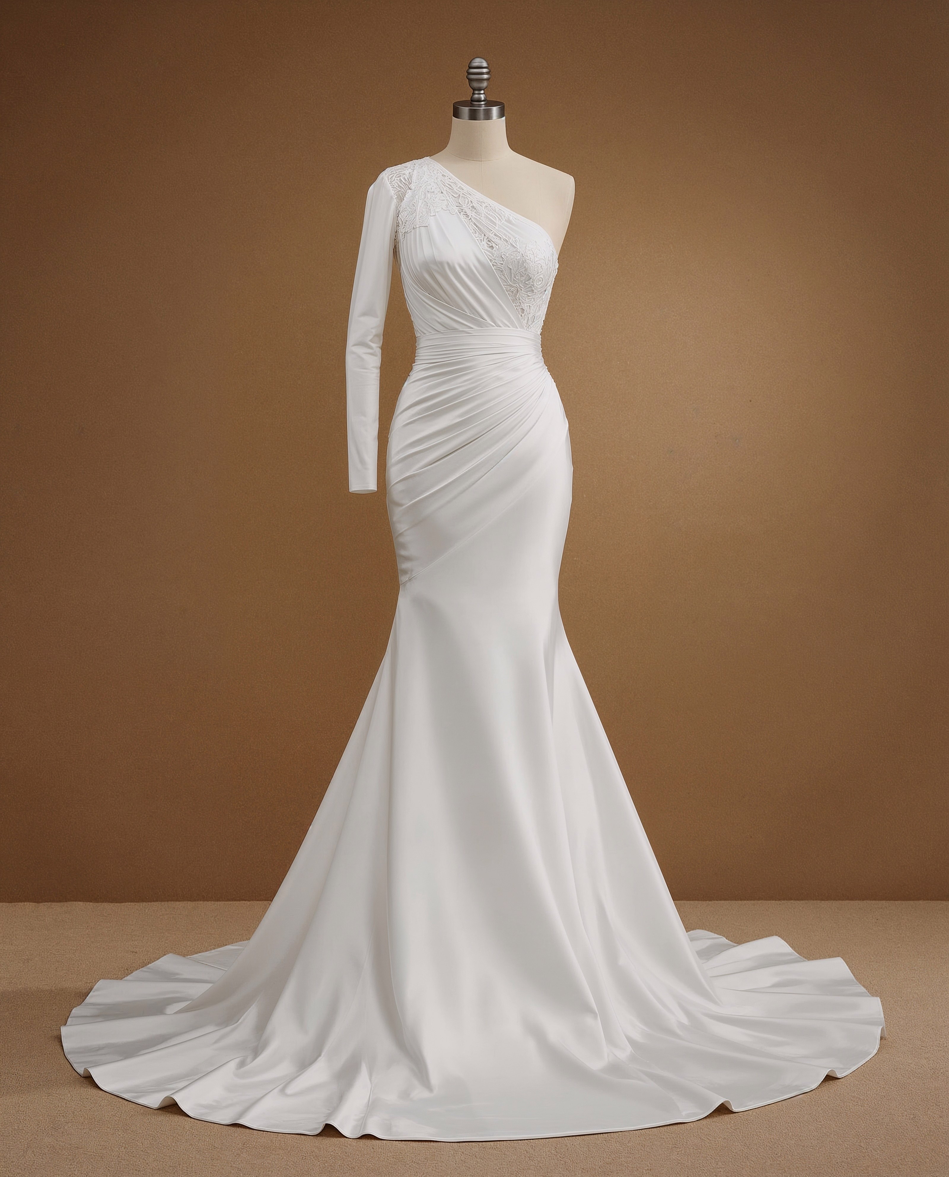 Glamorous One-Shoulder Wedding Gown: Extravagant Lace & Silk Design