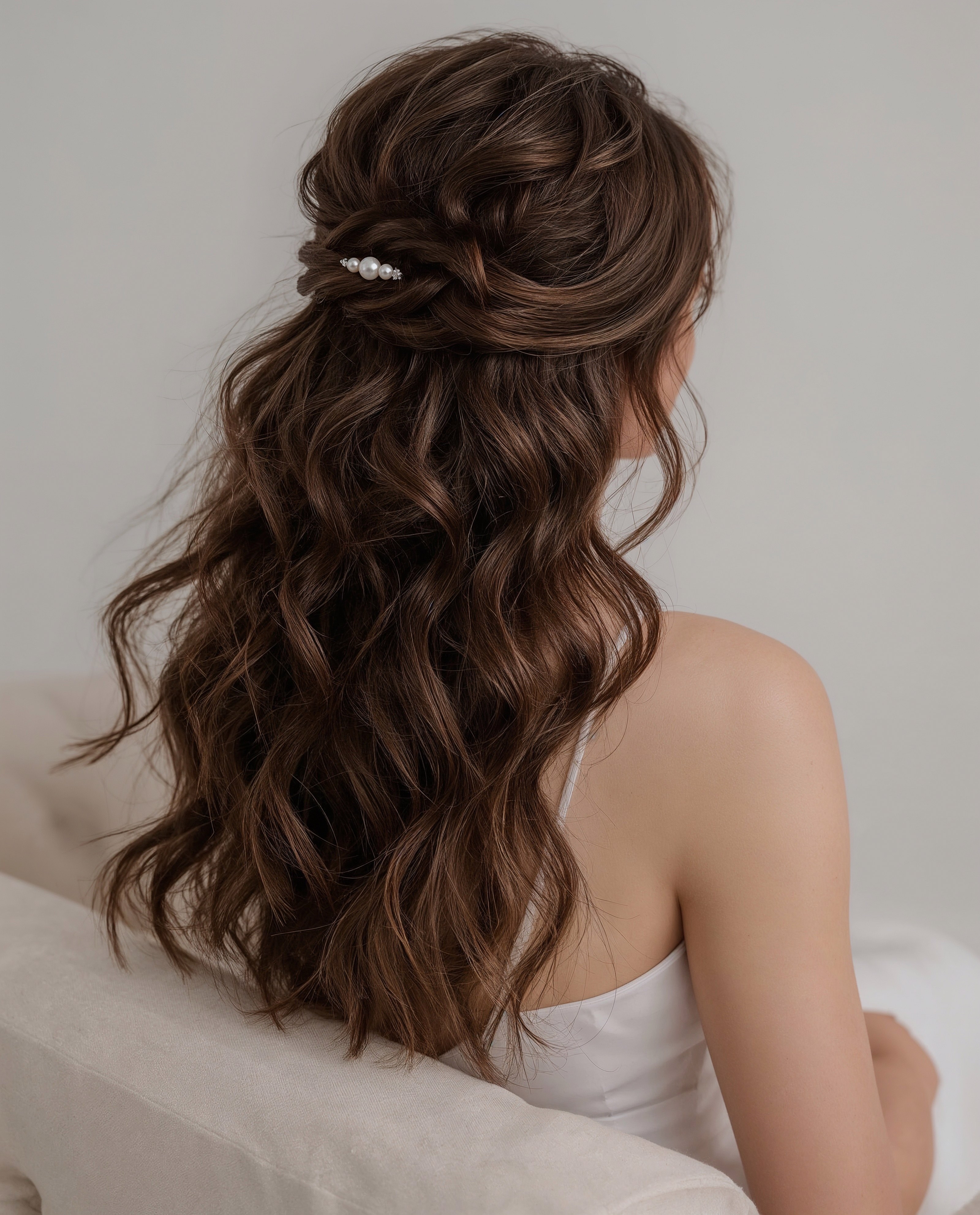 Wavy Bridal Half Updo for Dark Hair: Elegant Wedding Inspiration