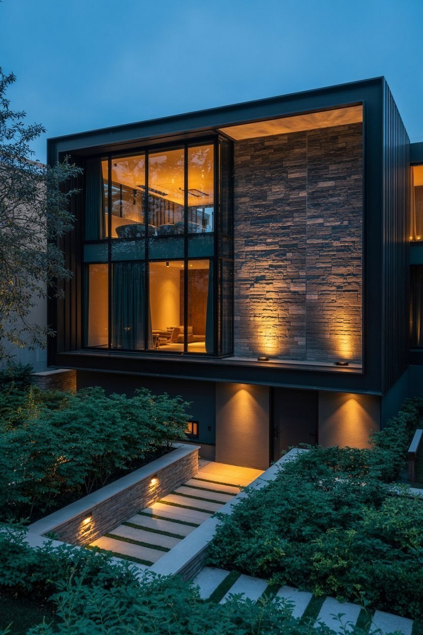 Nighttime Modern Glass House Design: Contemporary Home Exterior Glow