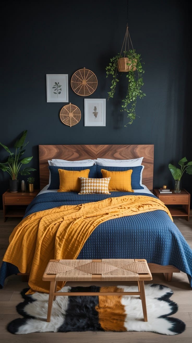Moody Modern Boho Bedroom: Bold Mustard Yellow & Dark Walls