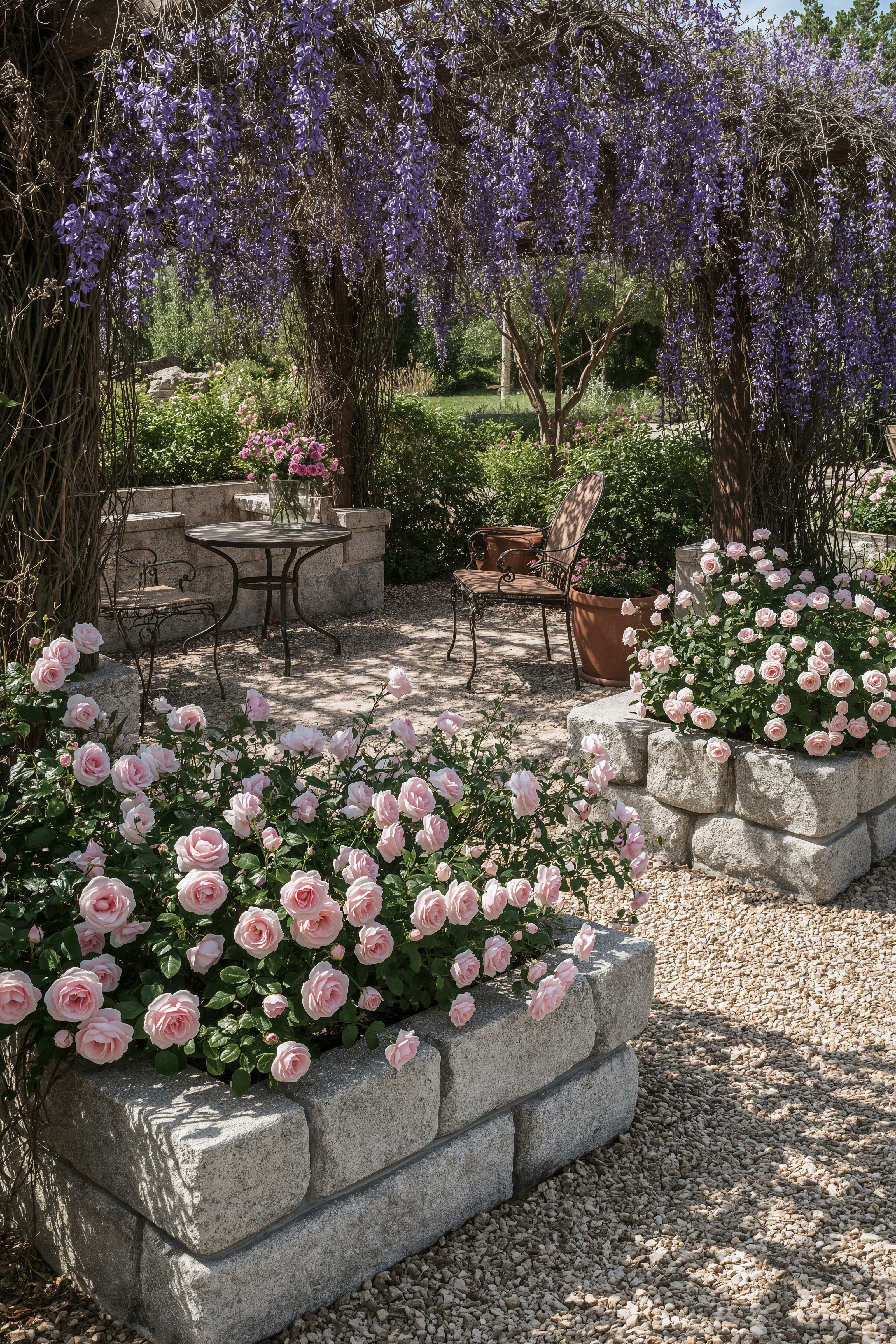 Romantic Rose Garden Patio: French Cottage Oasis with Pergola Dreams