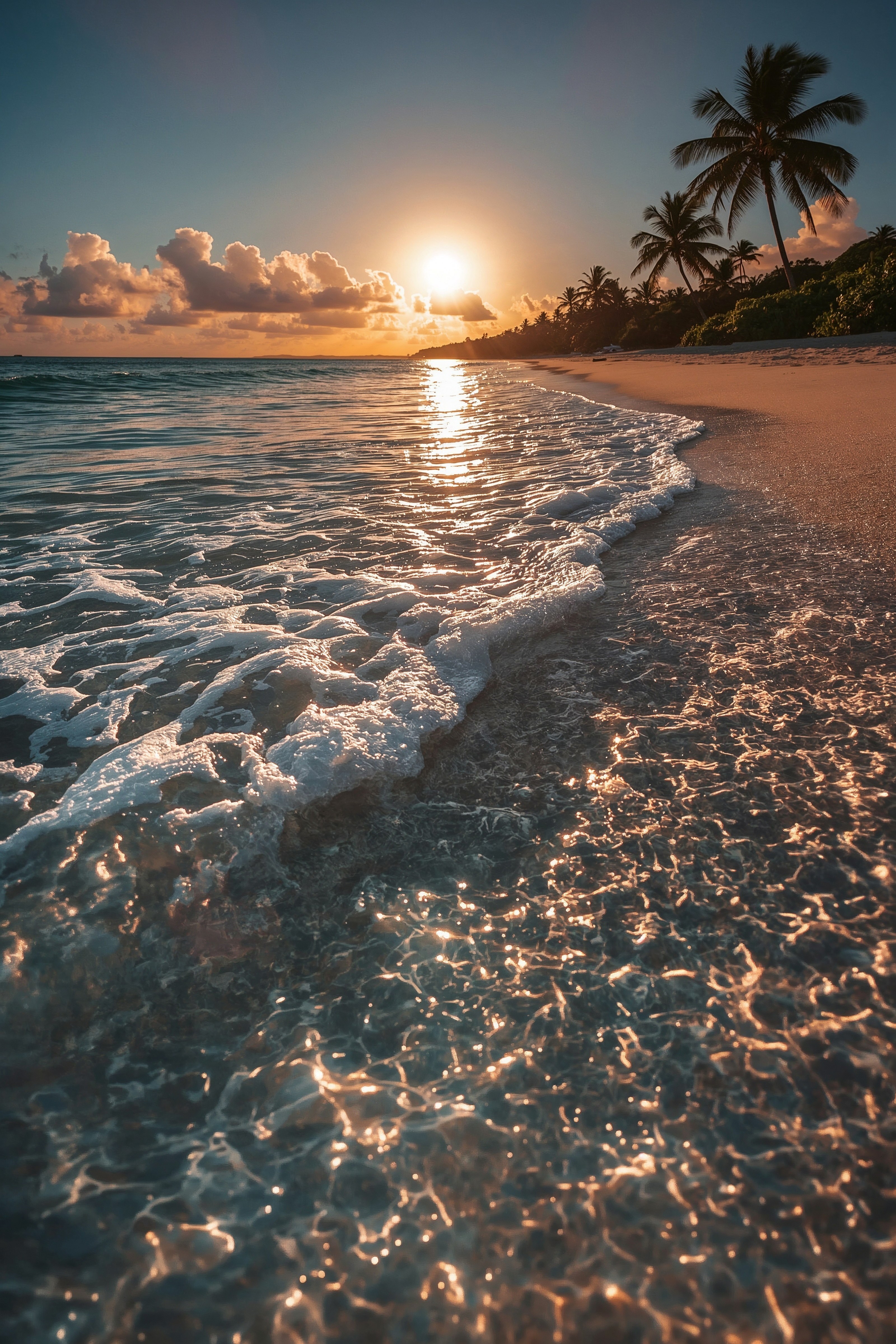 Realistic Sunset Ocean 4K: Vertical Beach Wallpaper for Your Phone