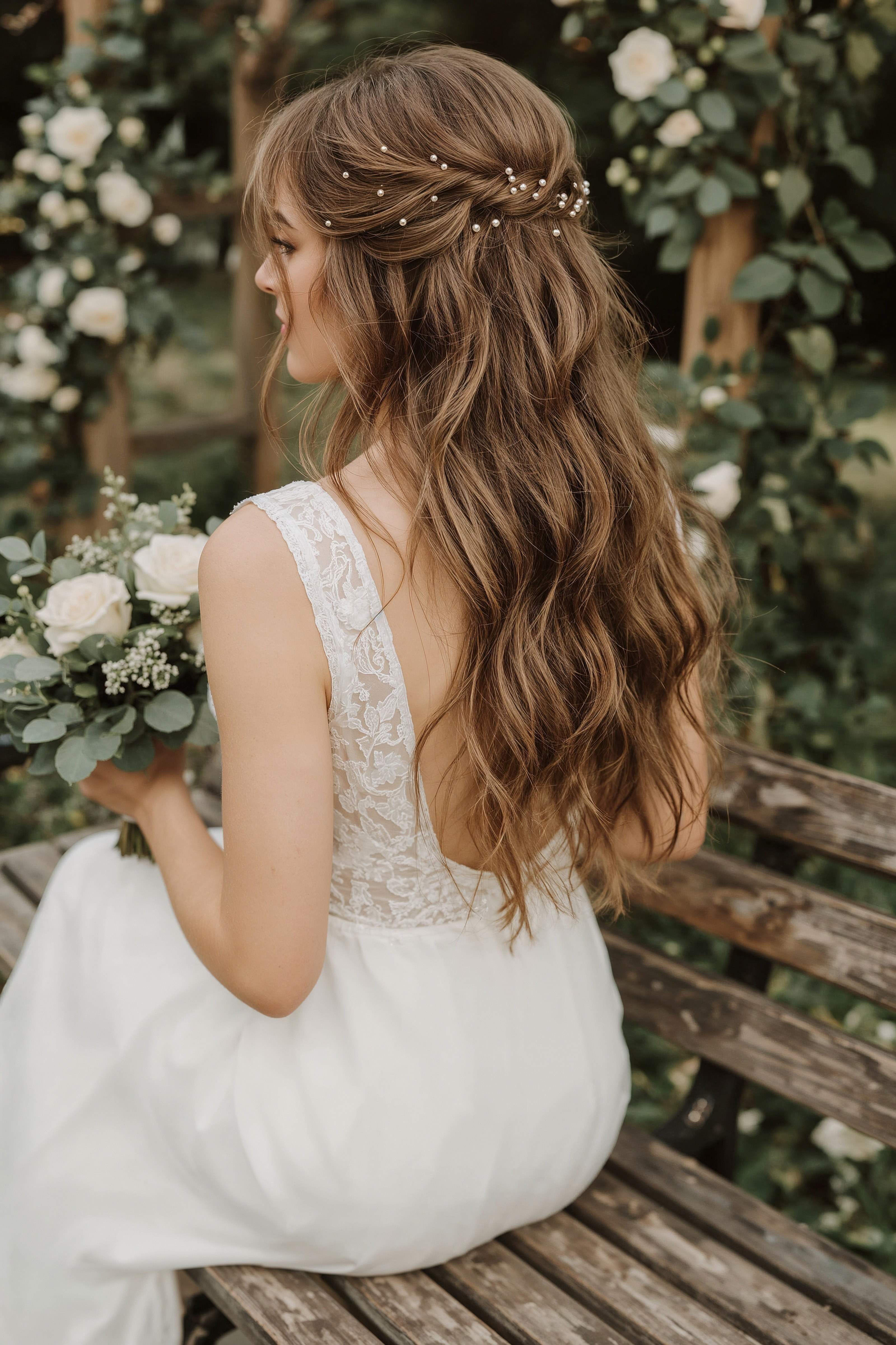 Romantic Wedding Hairstyles: Half Up Half Down with Pearl Hair Accessories