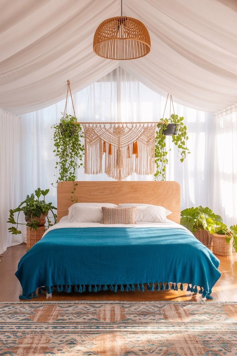 Boho Interior Vibes: King Bedding Meets Lush Greenery