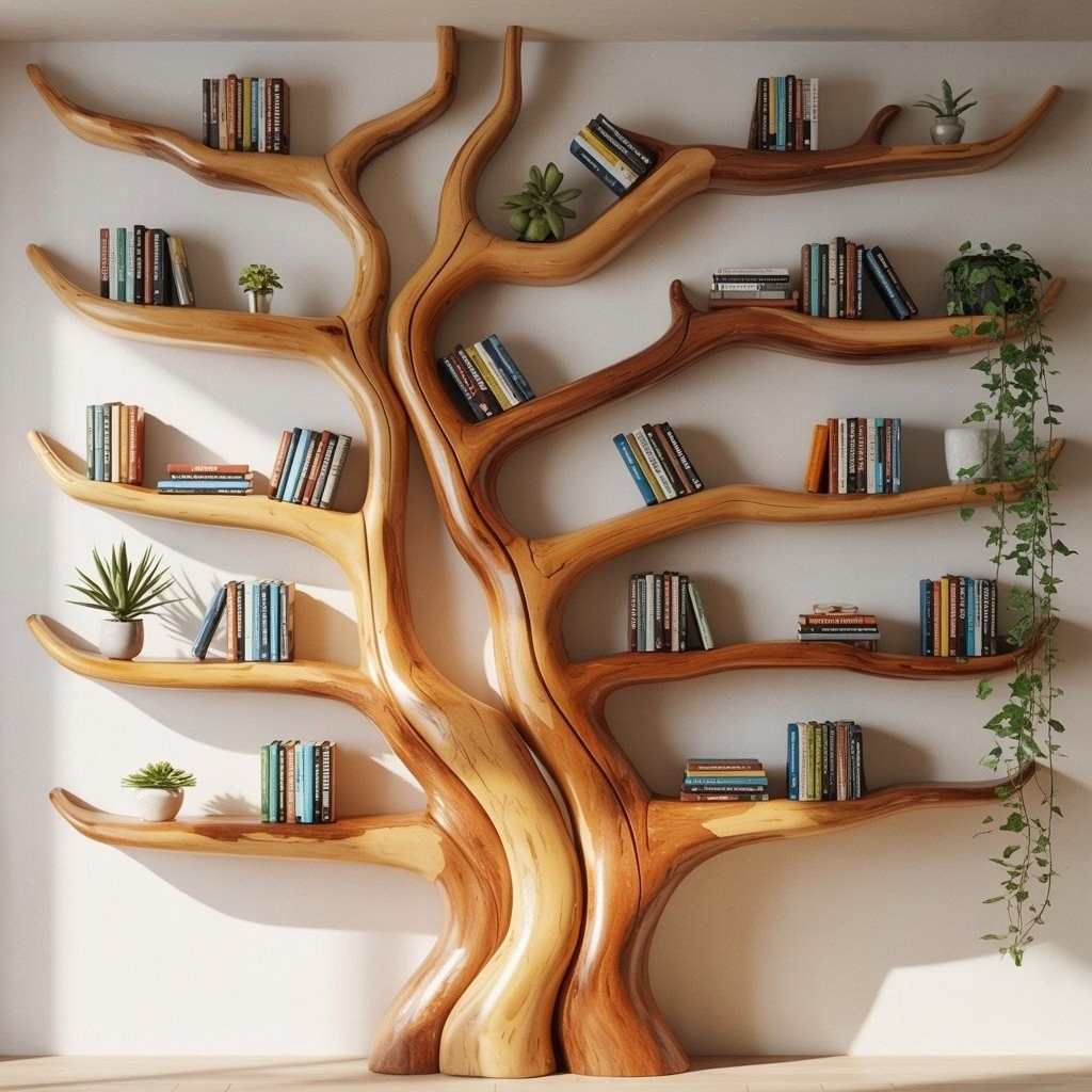 Unique Tree Bookcase: Minimalist Solid Wood Bookshelf