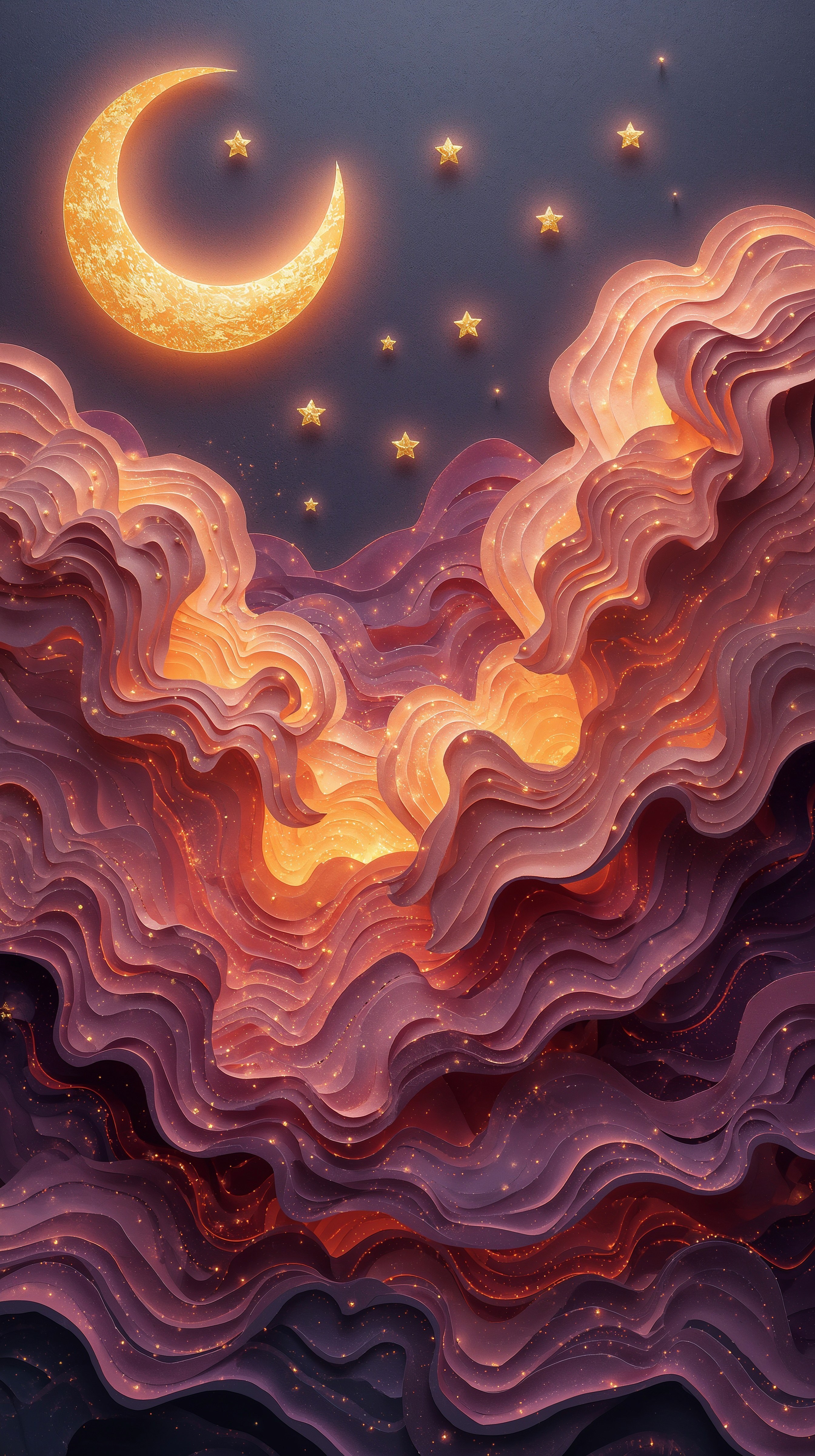 Whimsical Celestial Art: Purple & Gold Night Sky iPhone Wallpaper