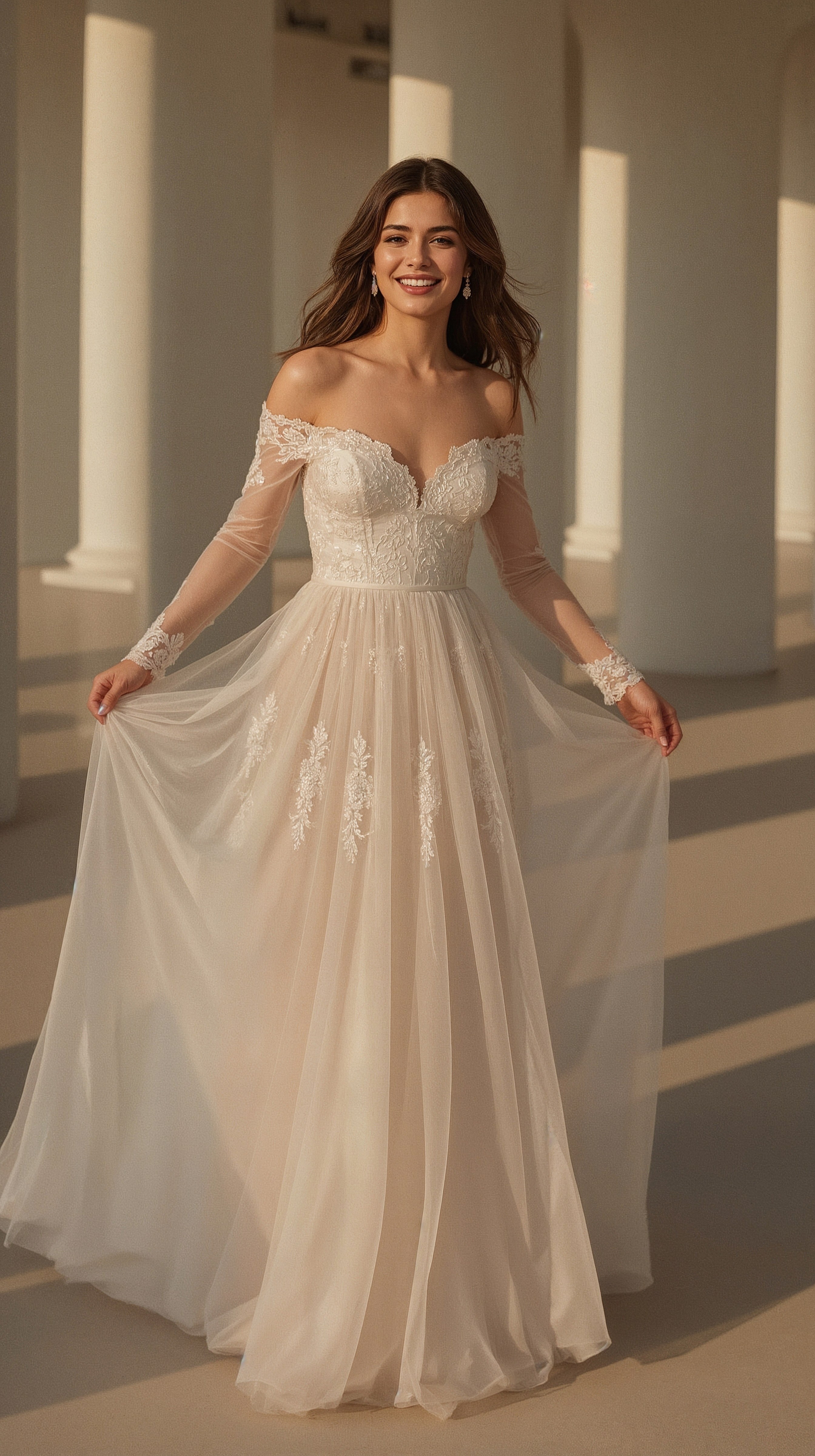 Princess-Style Long Sleeve Wedding Gown with Flower Lace Details