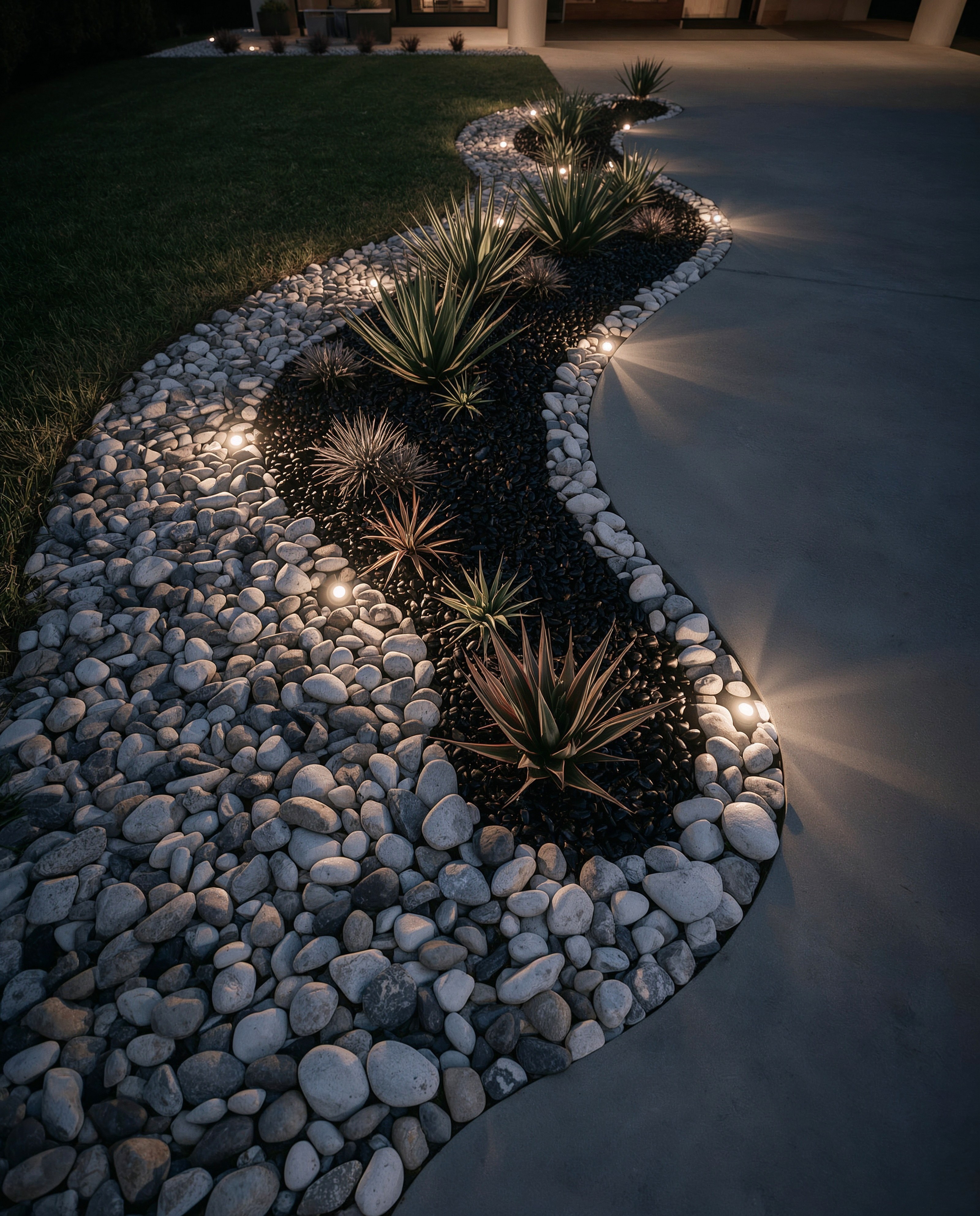 Modern Front Yard Landscaping with Dramatic Night Lighting