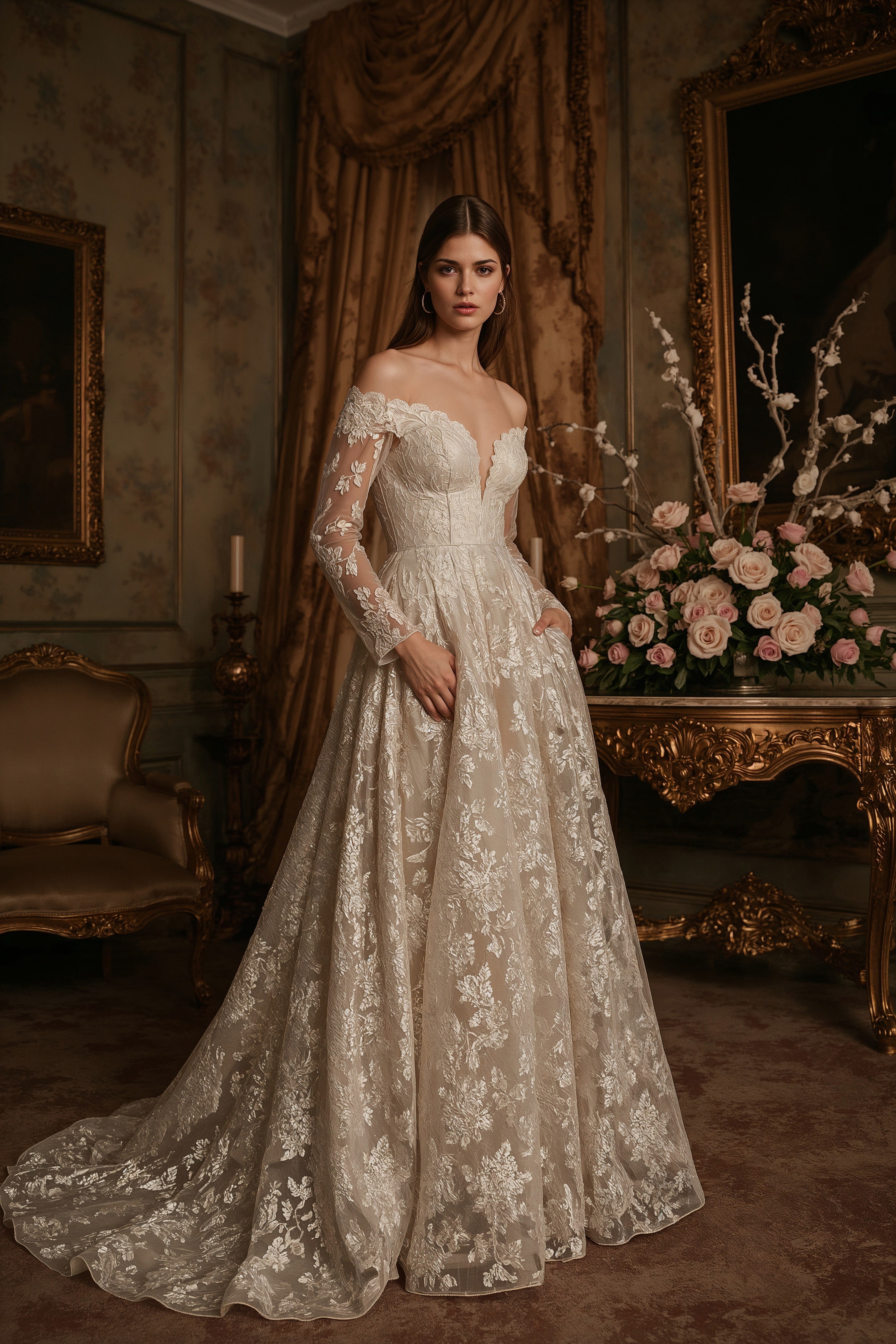 Elegant Off-Shoulder Long Sleeve Lace Wedding Dress Inspiration