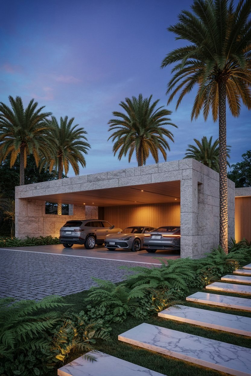 Luxurious Modern Stone House: High-End Landscaping with Palm Trees