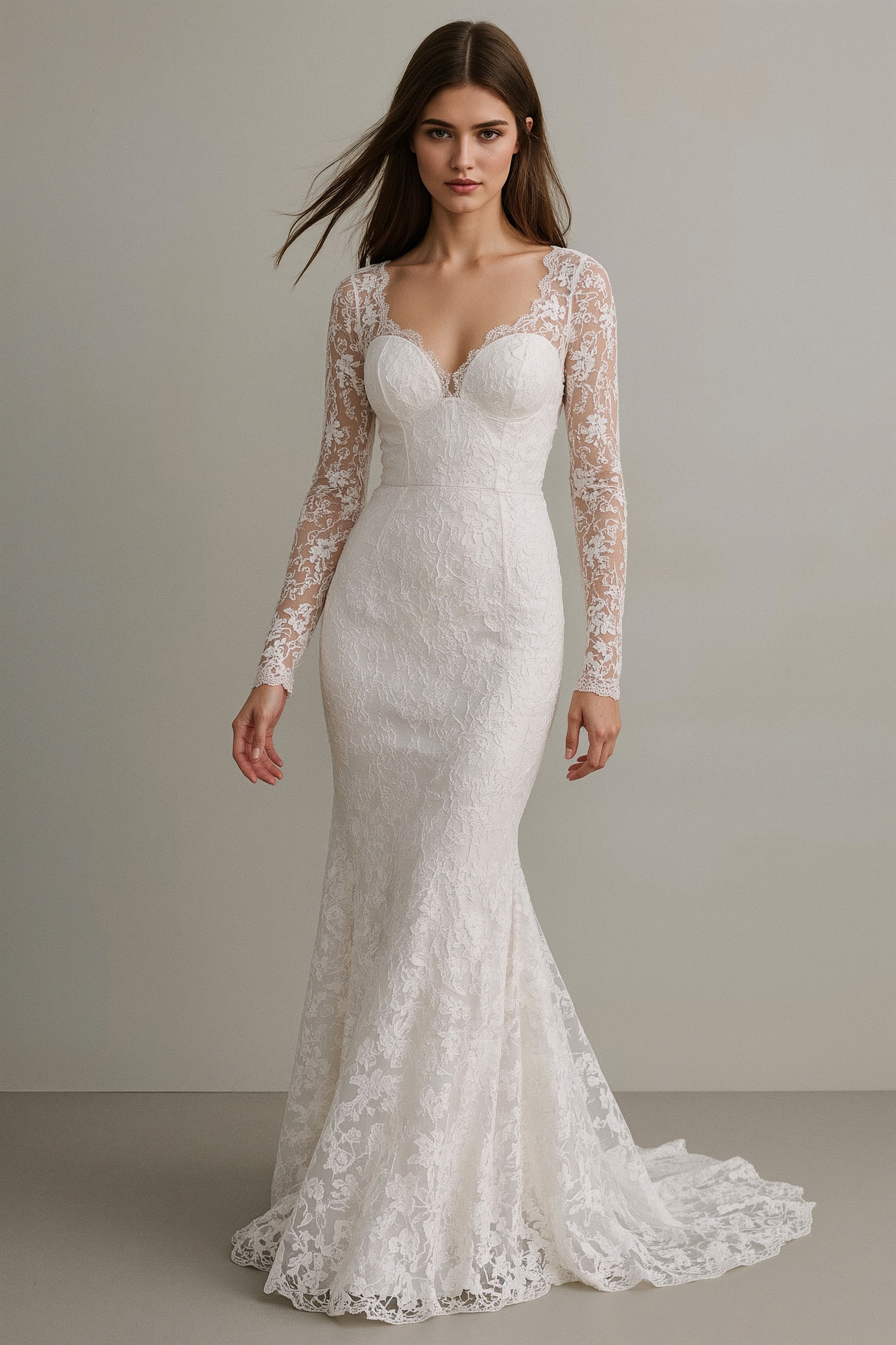 Elegant Fitted Lace Wedding Dress with Long Sleeves