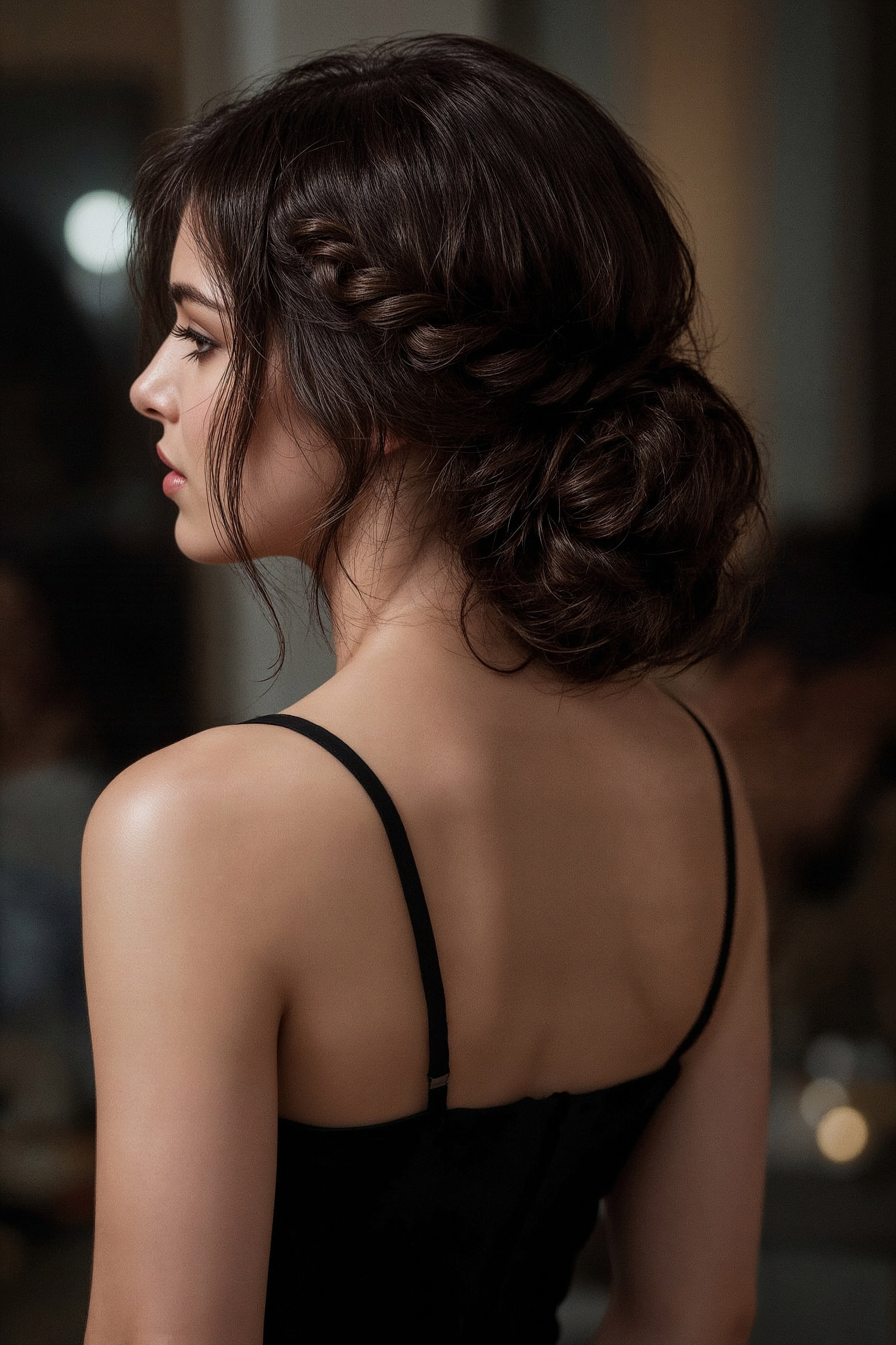 Chic Braided Updo: Fancy Hairstyles for Brunette Bridesmaids