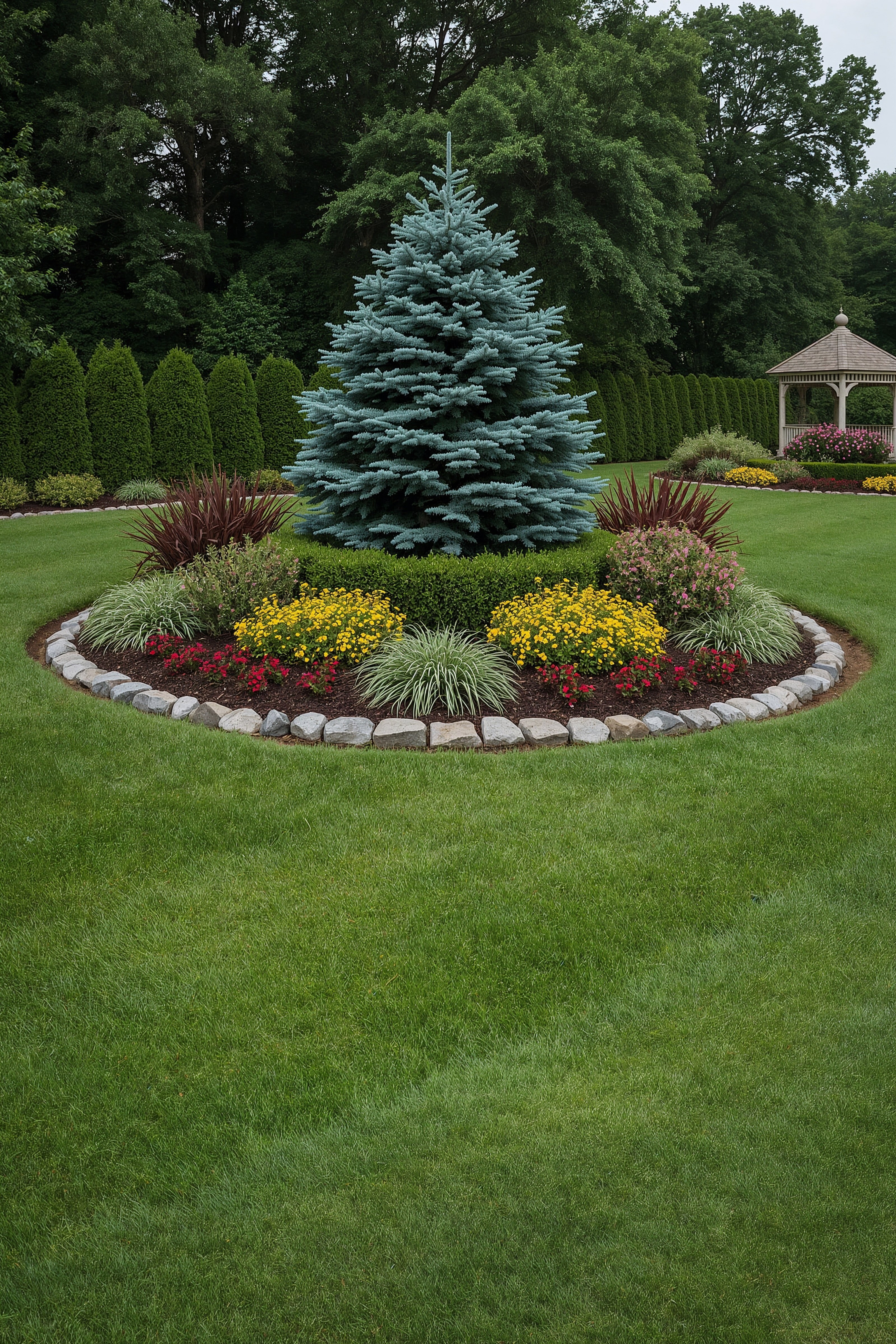 Year-Round Evergreen Island Garden: Minimalist Landscape Design