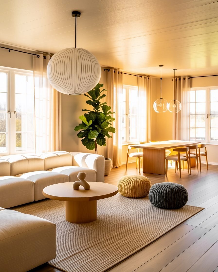 Serene Minimalist Living Room: Aesthetic Plant & Wood Accents