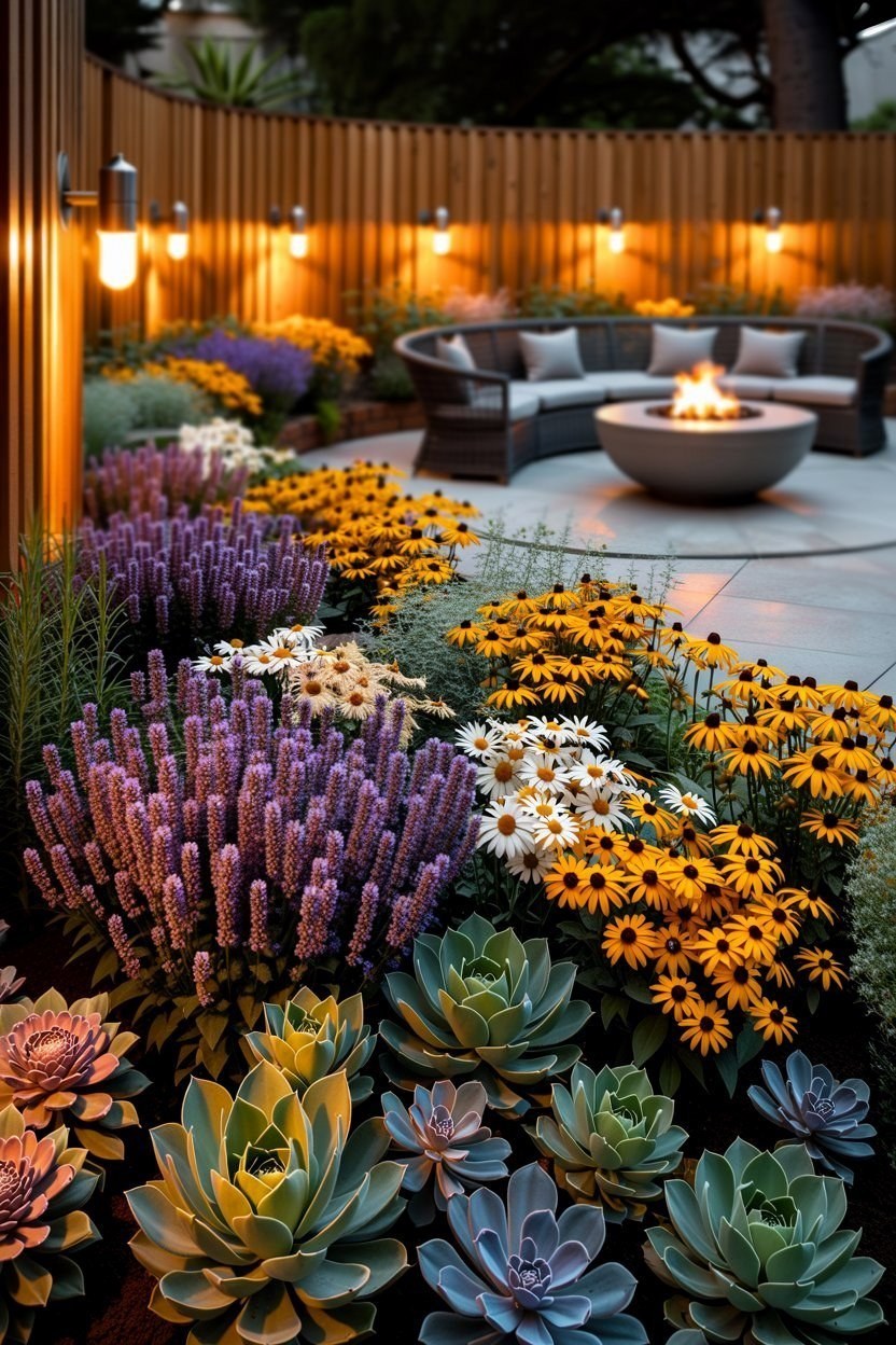 Dream Backyard Garden: Vibrant Blooms & Cozy Fire Pit Ambiance