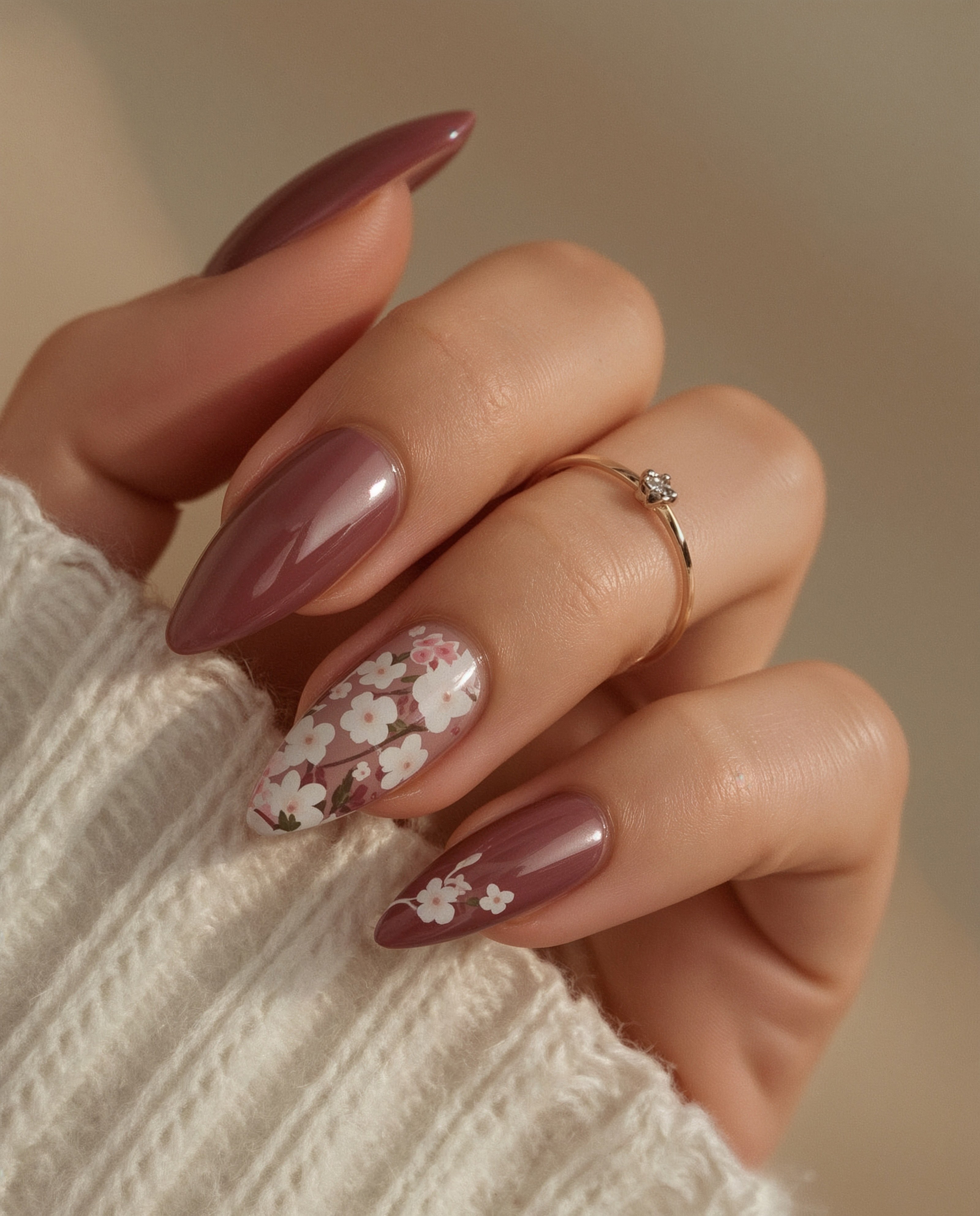 Mauve Spring Nails with Delicate Floral Accents