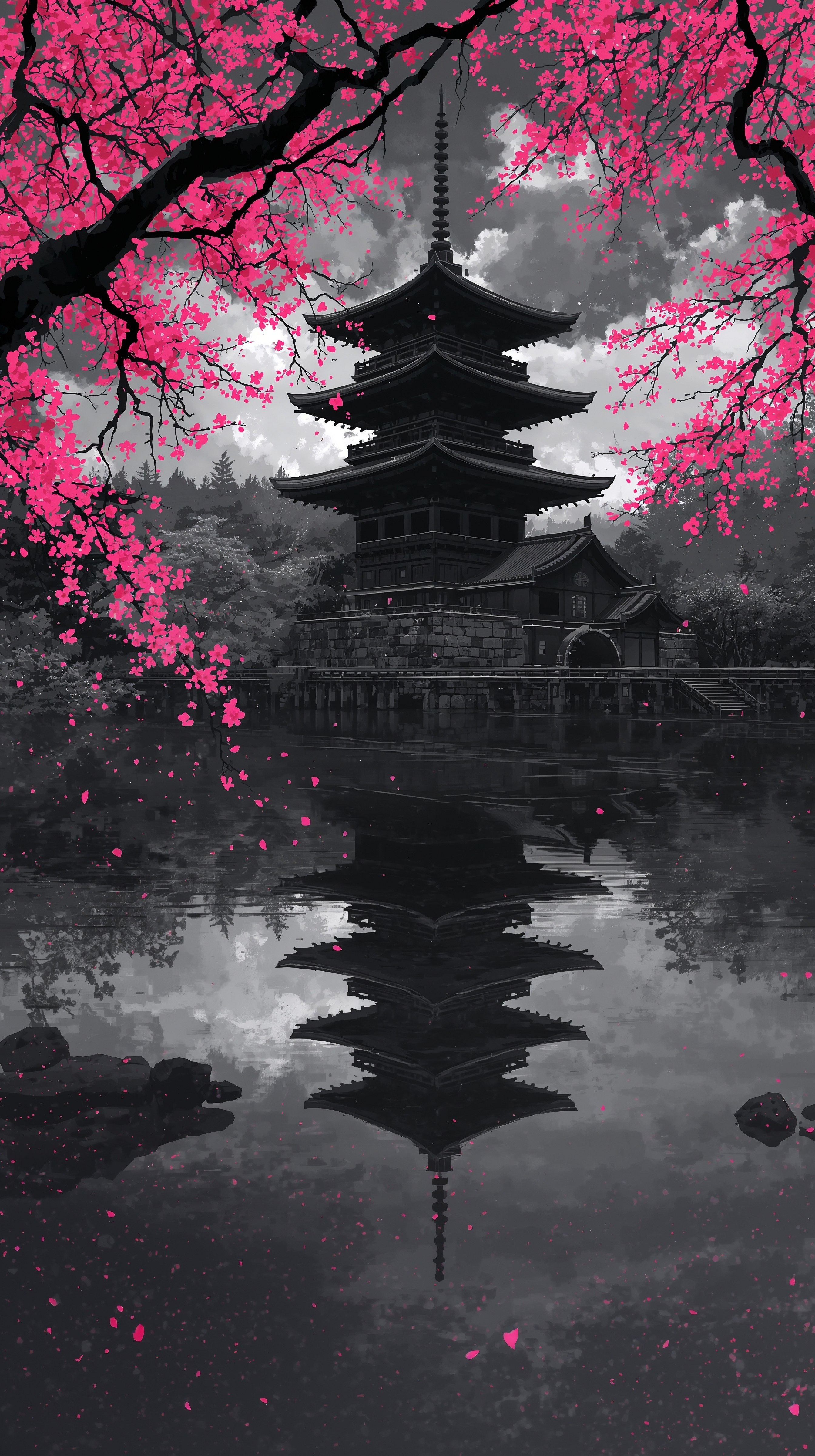 Stunning Pink & Grey Japanese Landscape Wallpaper 4K