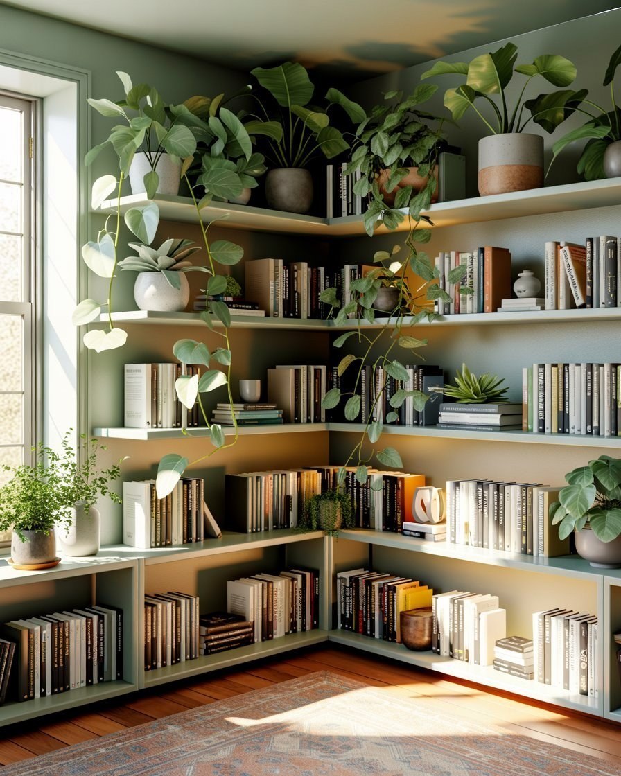 Bibliothèque Salon: Green Room Design with Built-in Bookshelf